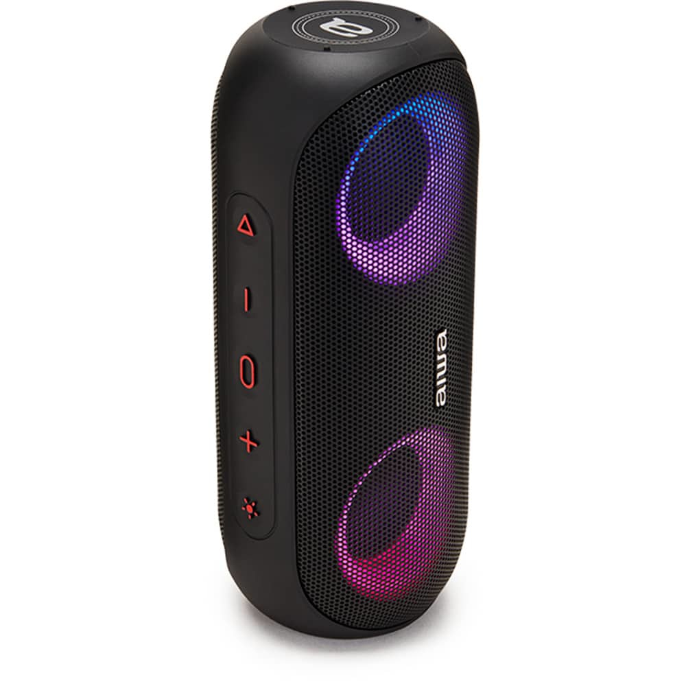 Altavoz negro con luces coloridas, mostrando botones de volumen y la marca Aiwa.