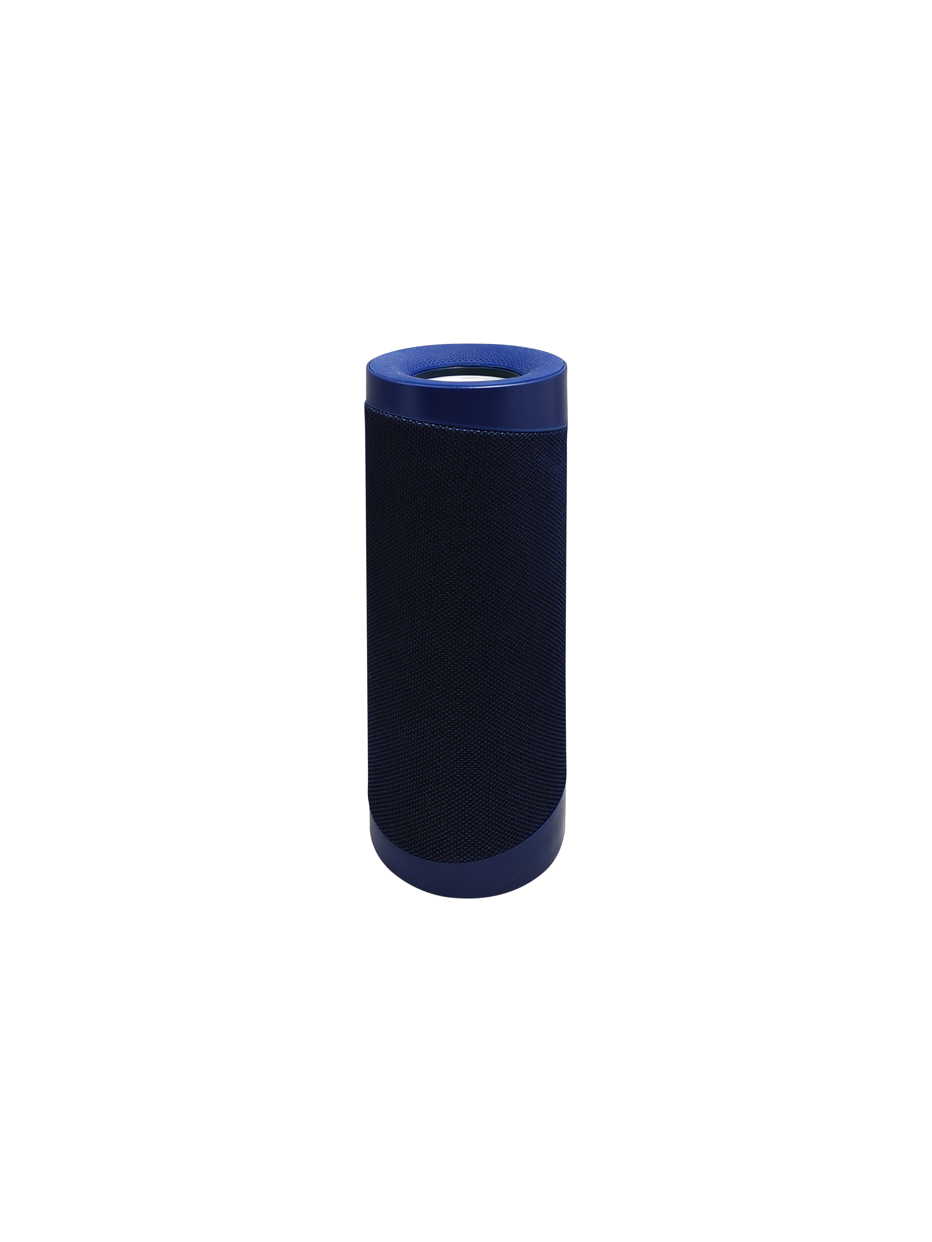 Niebiesko-czarny głośnik cylindryczny. Posiada materiałową osłonę.