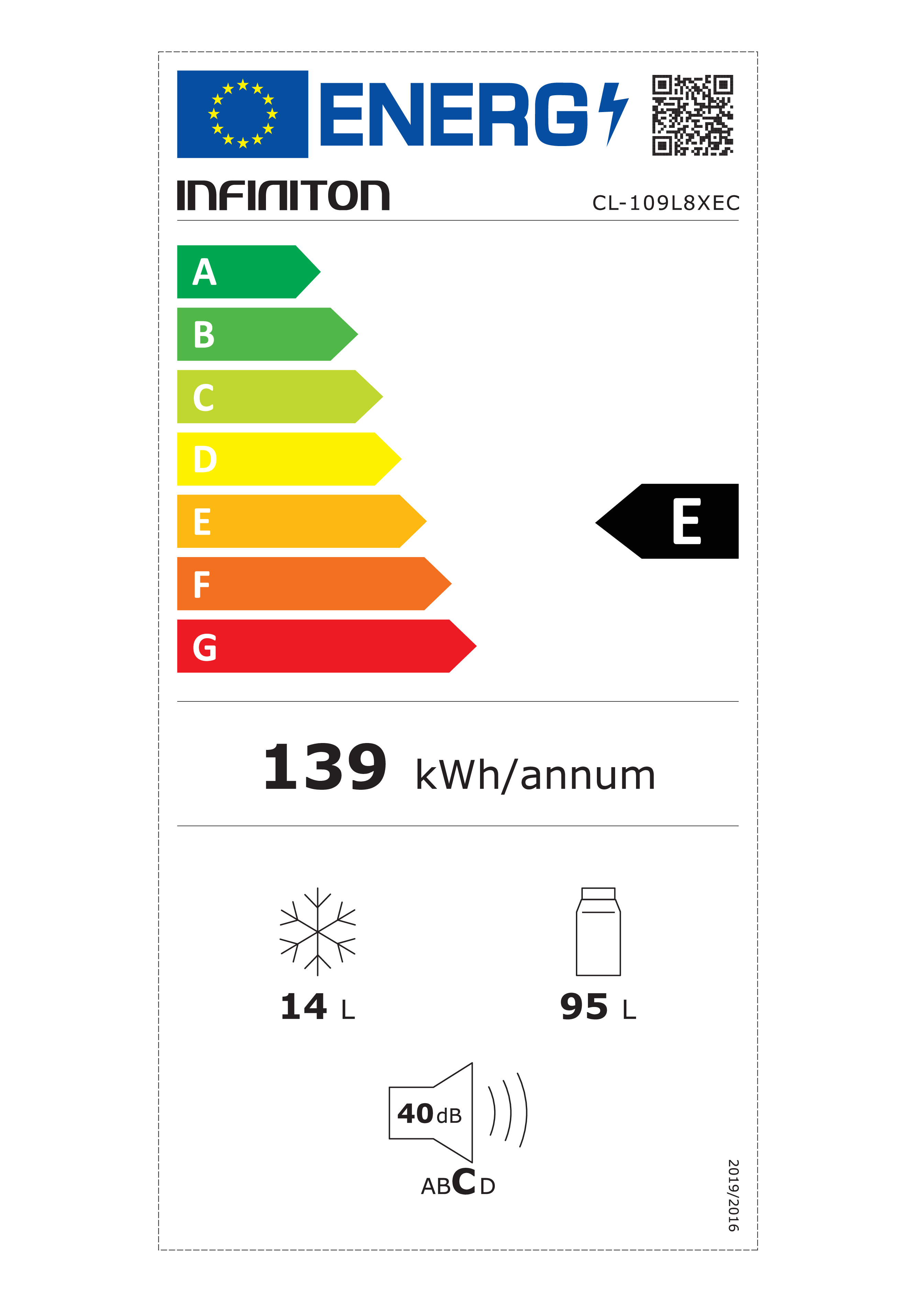 Un'etichetta energetica con una valutazione 'E', che mostra il consumo energetico e le dimensioni.