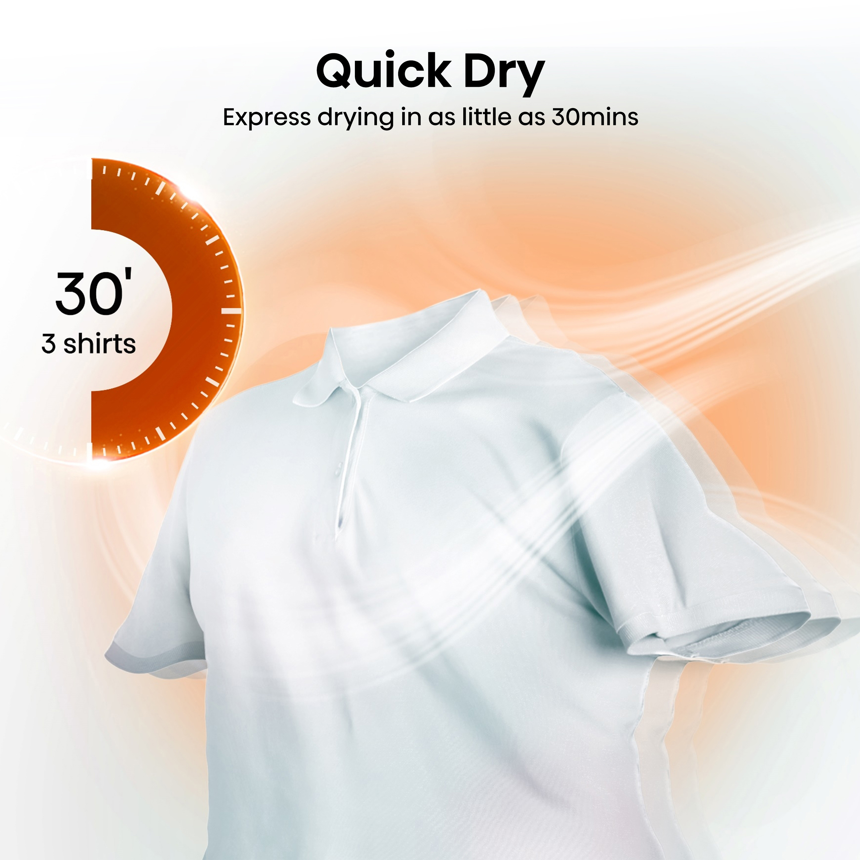 Biała koszulka polo z timerem wskazującym 30 minut suszenia.