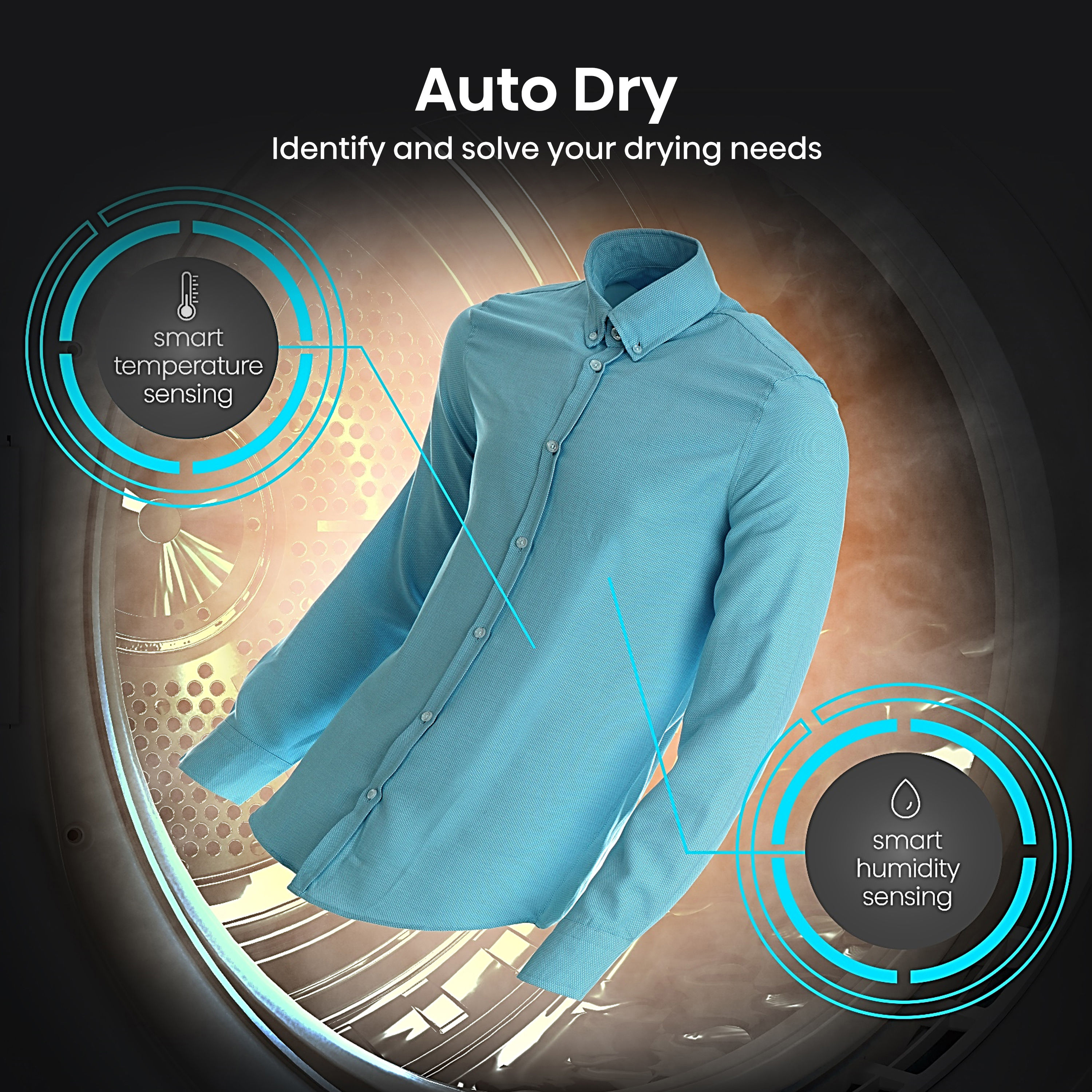 Niebieska koszula w suszarce, z etykietami dla inteligentnej temperatury i wilgotności.
