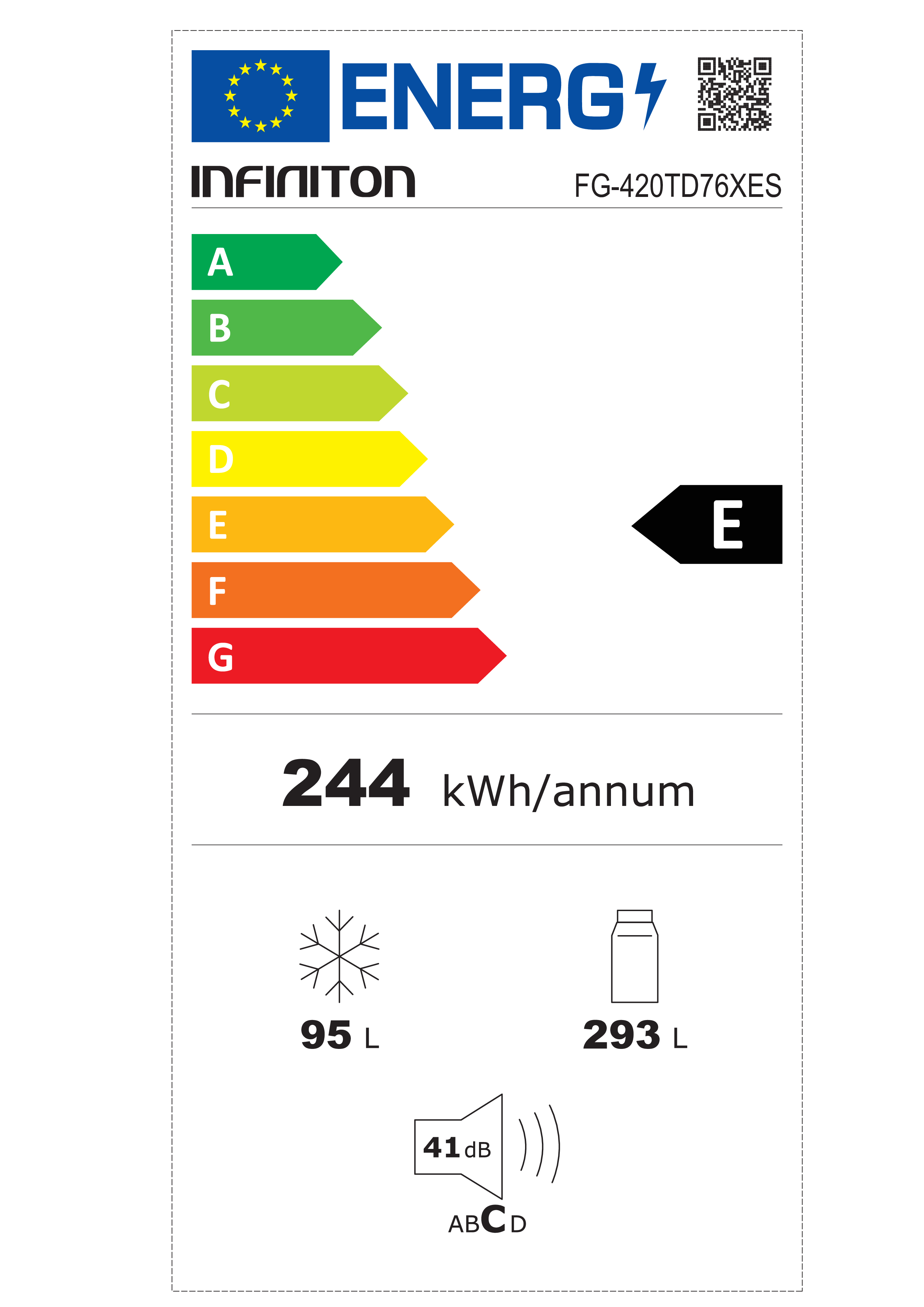 Etiqueta energética de un frigorífico INFINITON. Muestra la clase energética E, 244 kWh/año, 95 L y 293 L.