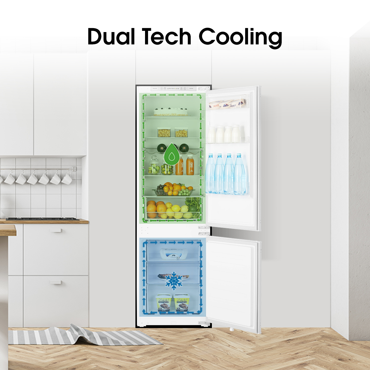 Frigorifero aperto che mostra Dual Tech Cooling. Ha due sezioni, con cibo all'interno. Le frecce indicano il raffreddamento.