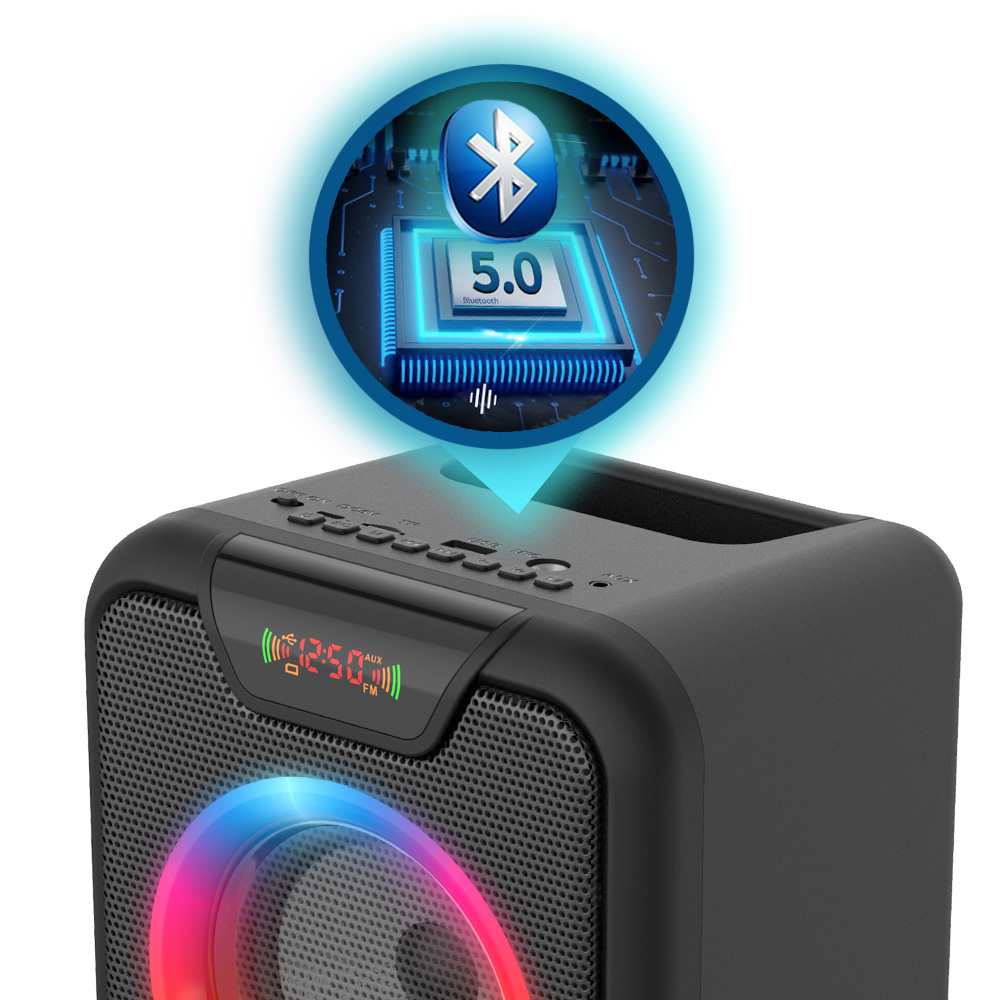 Czarny głośnik Bluetooth z podświetlanym pierścieniem i cyfrowym wyświetlaczem.
