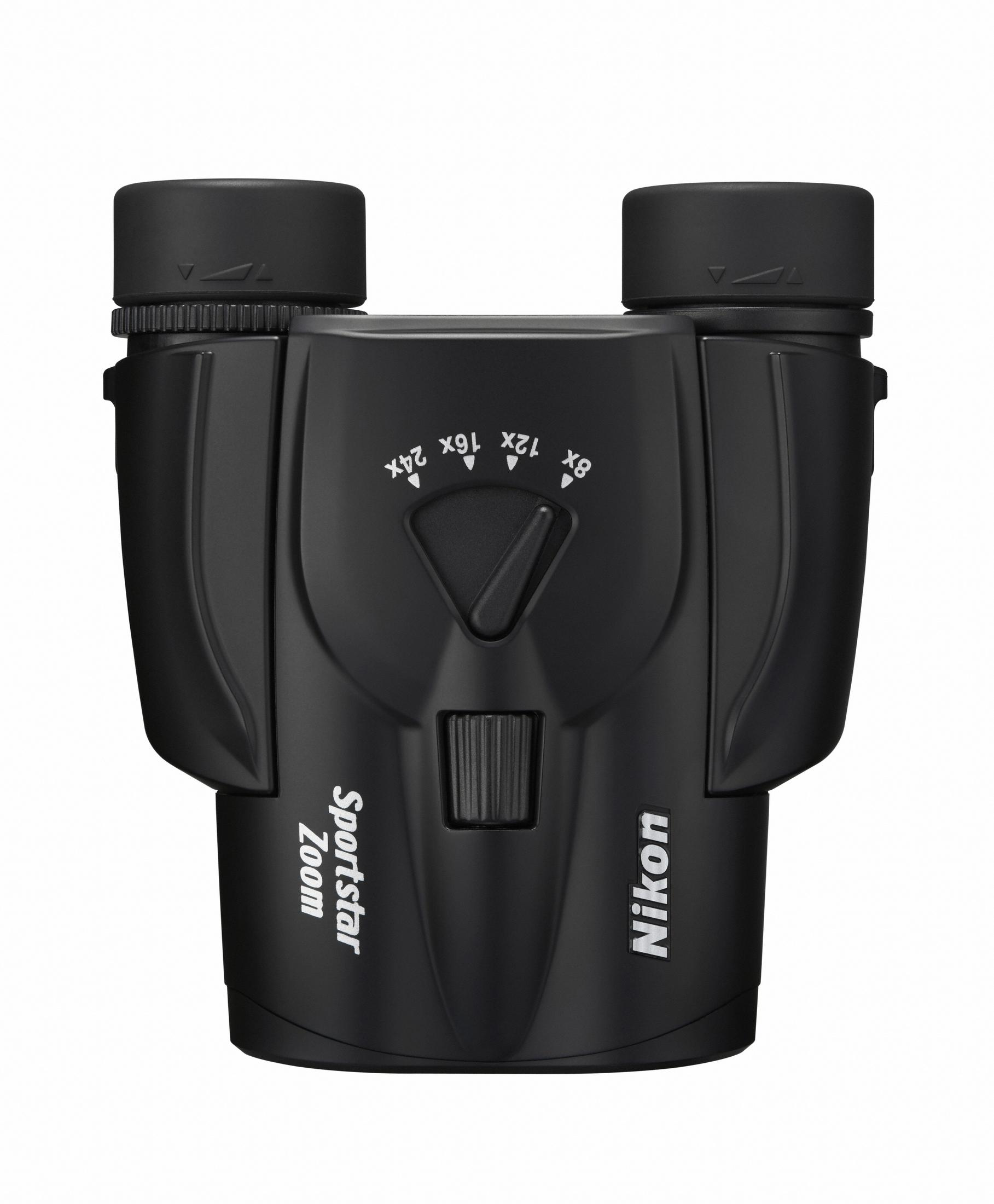Czarna lornetka Nikon Sportstar Zoom z ustawieniami powiększenia: 8x, 12x, 16x i 24x.