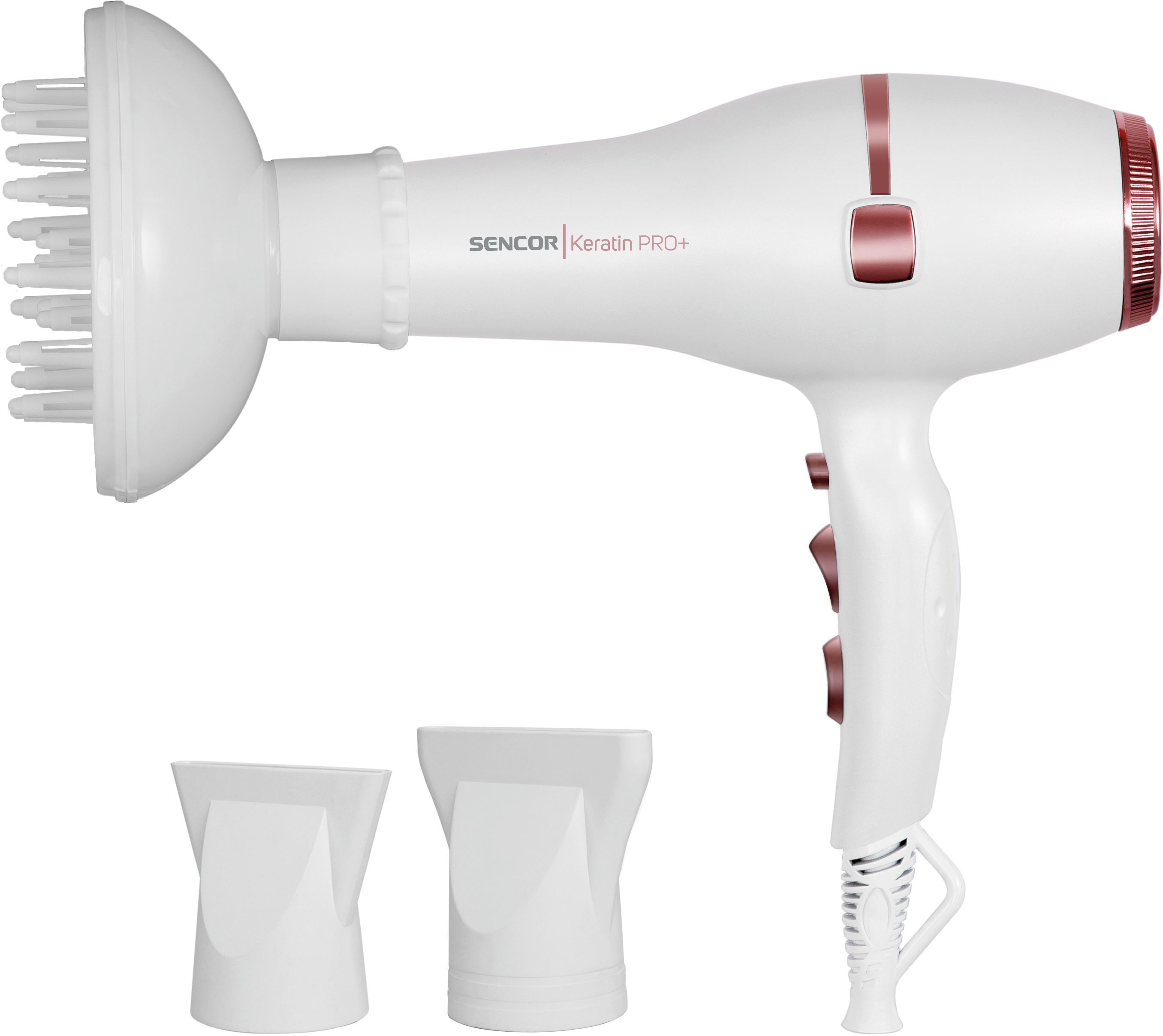 Asciugacapelli bianco e oro rosa con due accessori. Il marchio è Sencor Keratin PRO+.