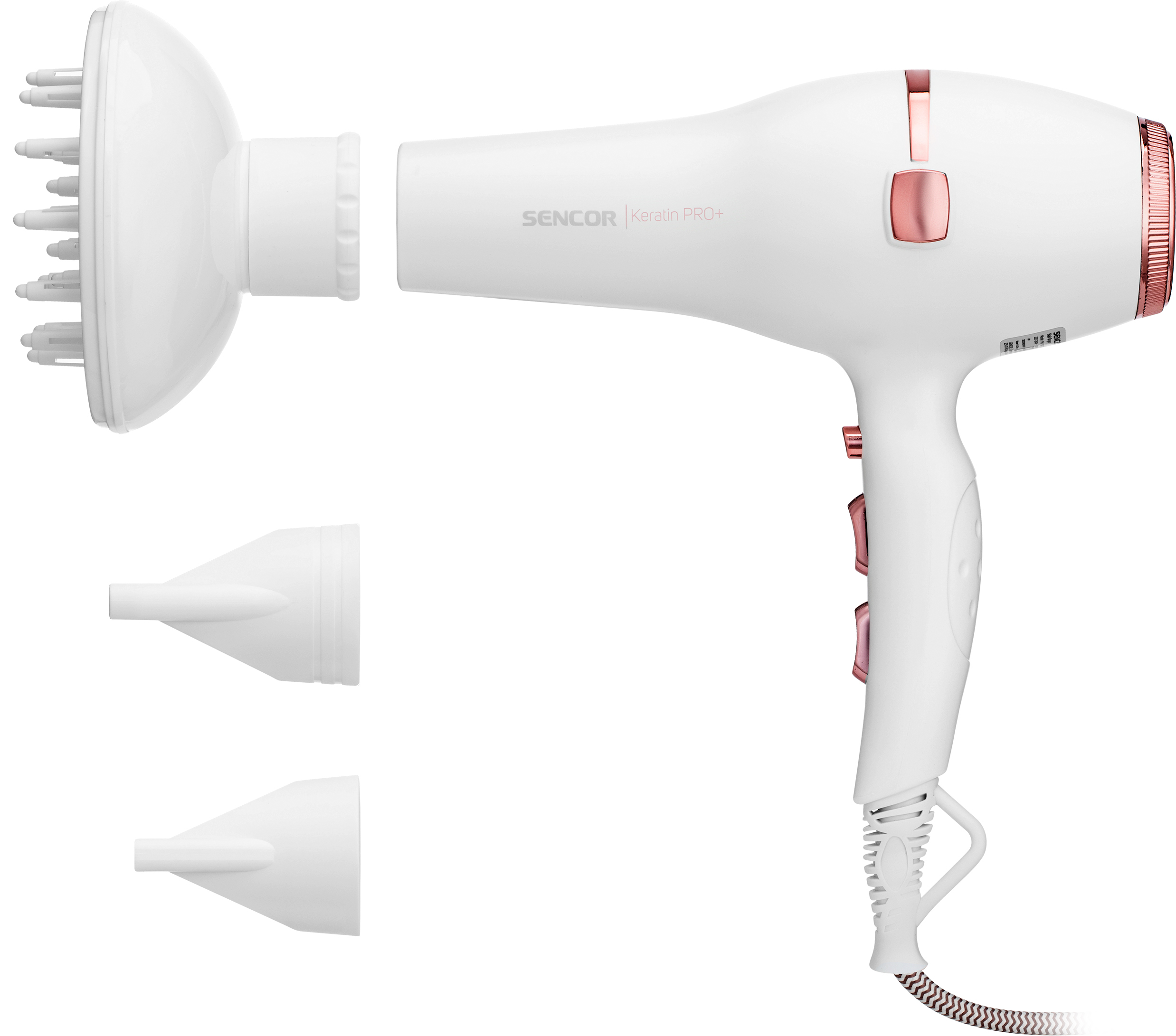 Asciugacapelli bianco, SENCOR Keratin PRO+. Viene fornito con diffusore e due beccucci, dettagli oro rosa.
