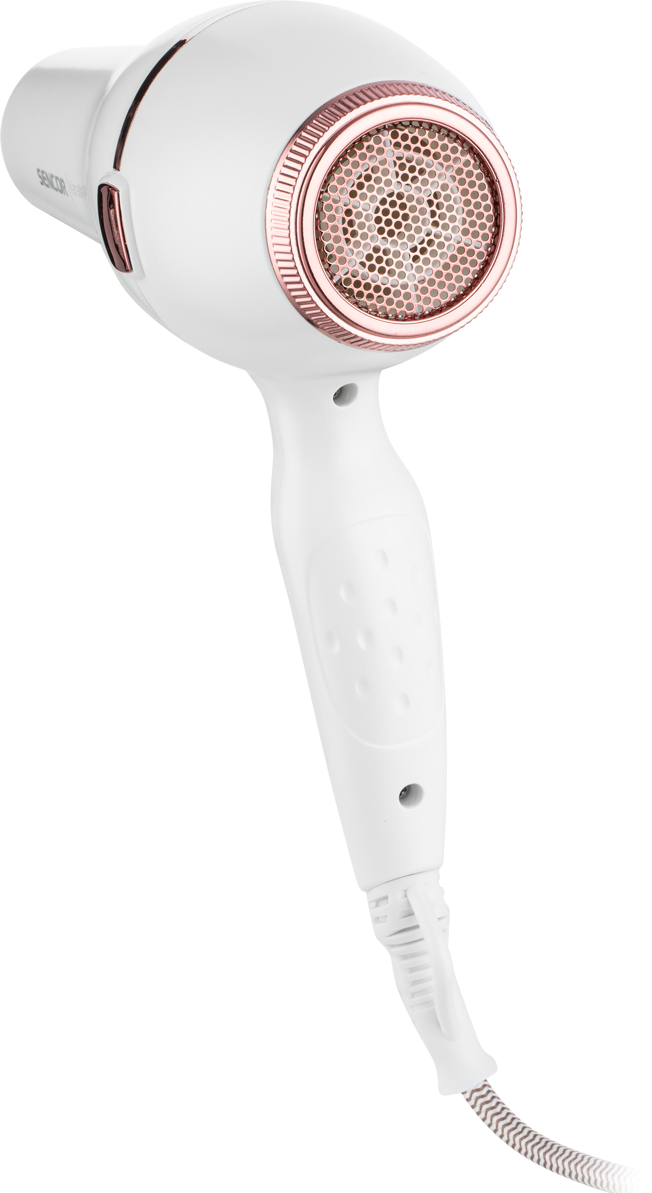 Un asciugacapelli bianco con dettagli oro rosa.