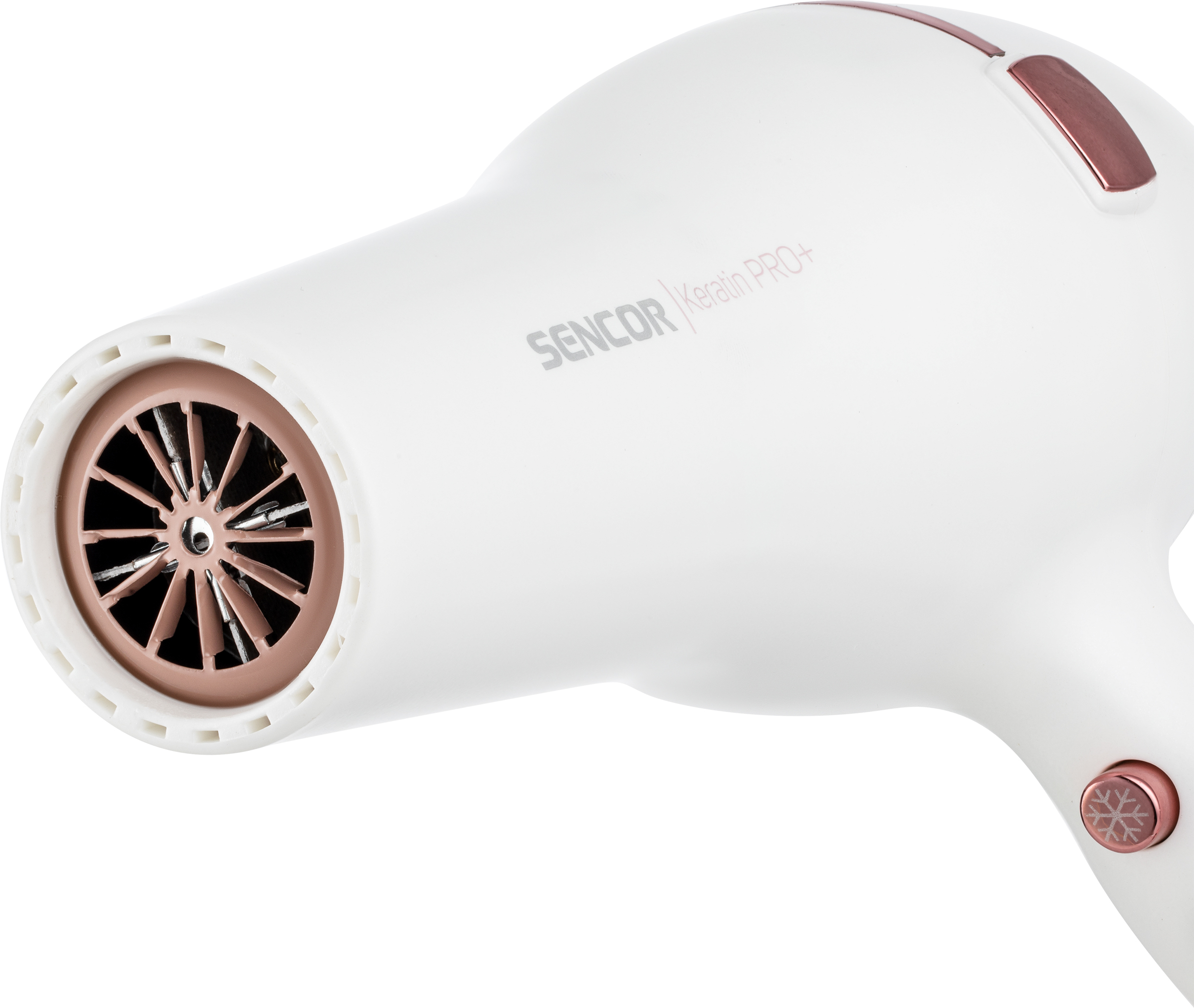 Un asciugacapelli bianco con un ugello color oro rosa, etichettato 'SENCOR Keratin PRO+'. Primo piano.