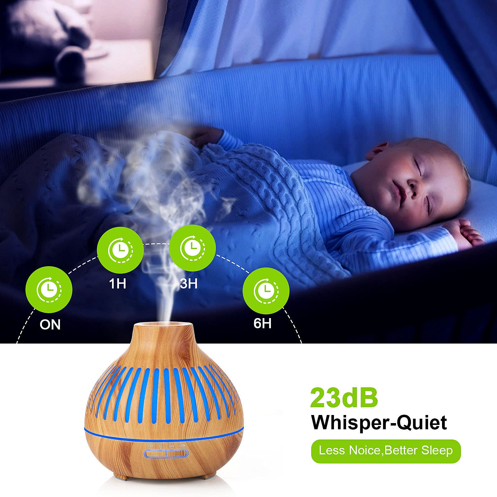 Aroma-Diffusor mit Baby im Kinderbett. Zeiteinstellungen: 1H, 3H und 6H. 23dB Flüsterleise.