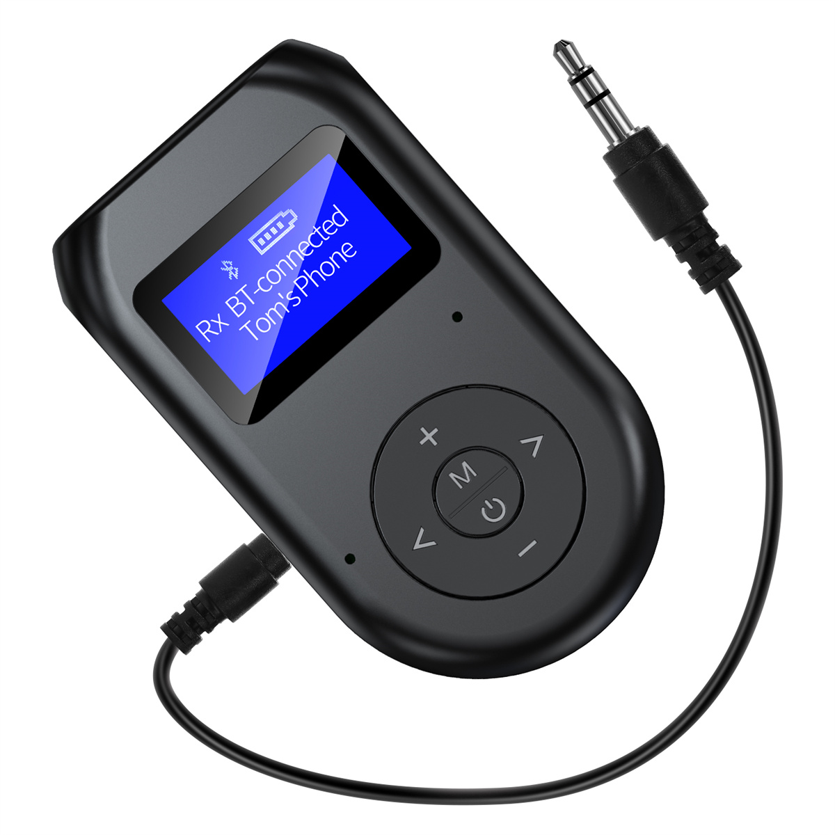 Schwarzer Bluetooth-Empfänger mit Bildschirm und 3,5-mm-Klinke.