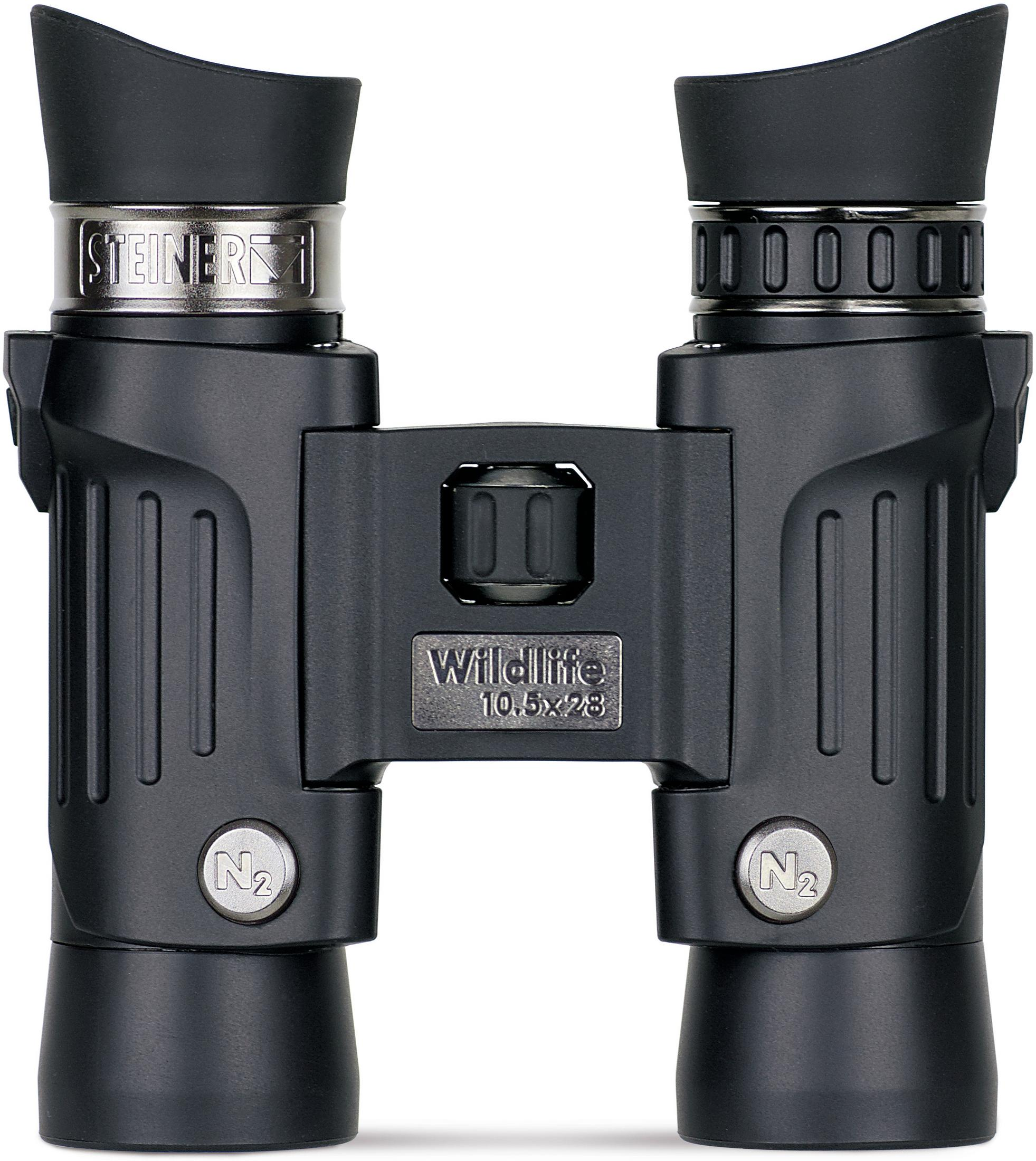Schwarzes Fernglas mit silbernem Band und Text „Wildlife 10.5x28“ auf der Vorderseite.