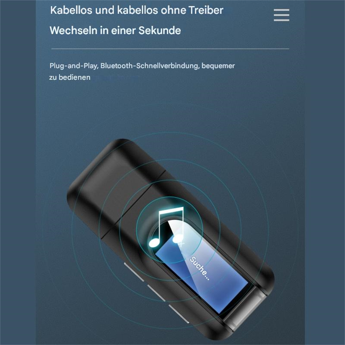 Schwarzes Gerät mit einem Bildschirm, der eine Musiknote zeigt. Text sagt: "Suchen..."