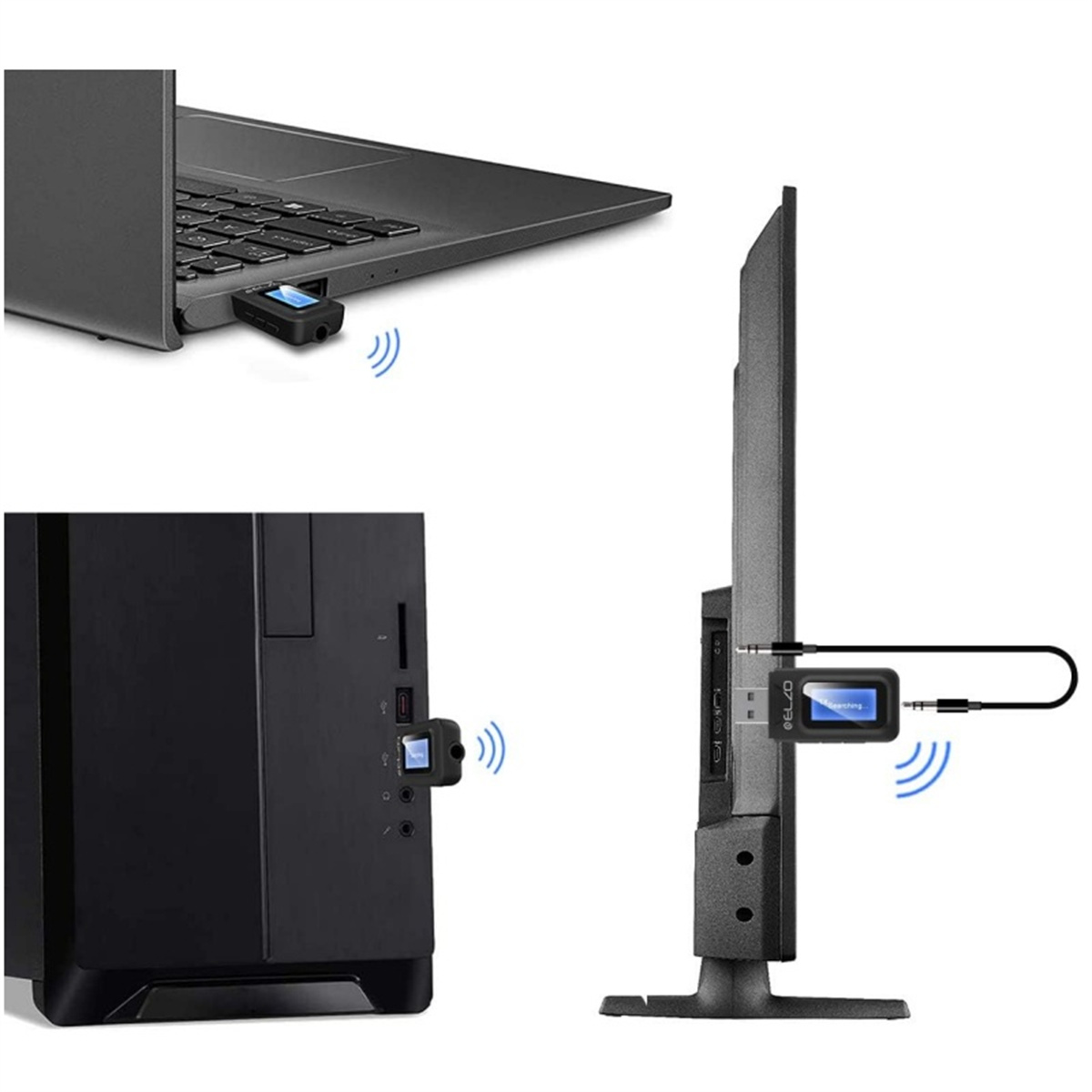 Schwarzer USB-Bluetooth-Adapter, an Laptop, PC und Fernseher angeschlossen.