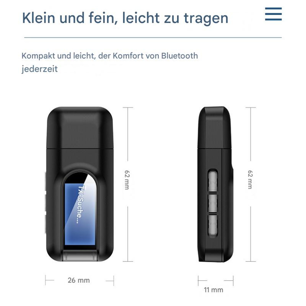 Zwei Ansichten eines kleinen schwarzen Bluetooth-Geräts mit Maßangaben und Text in Deutsch.