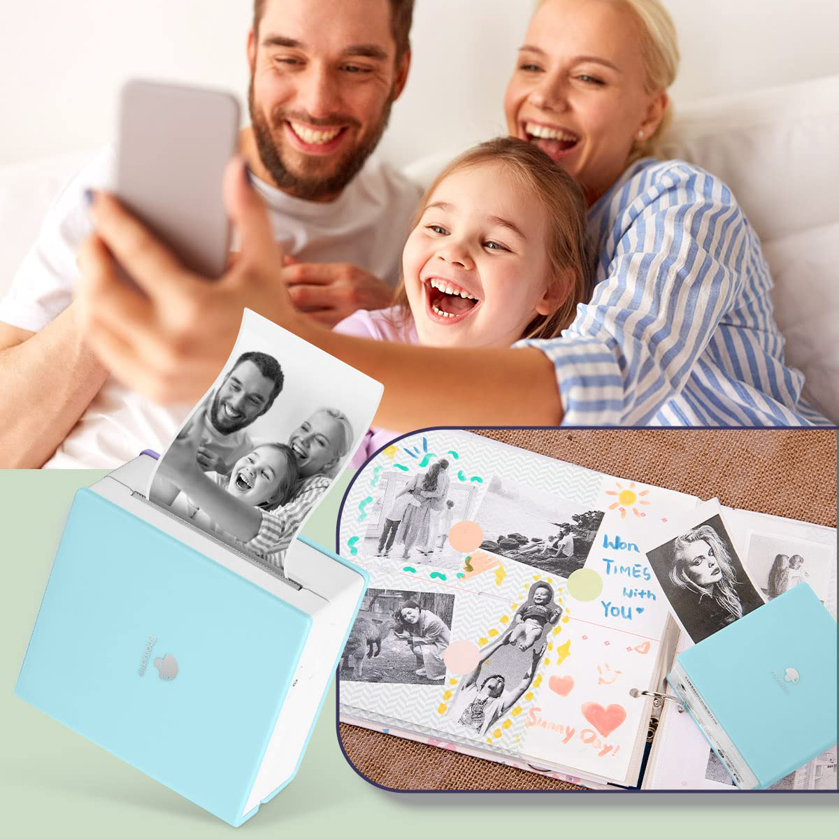 Familie macht Selfie mit Fotodrucker und gedruckten Fotos. Ein Fotoalbum daneben.