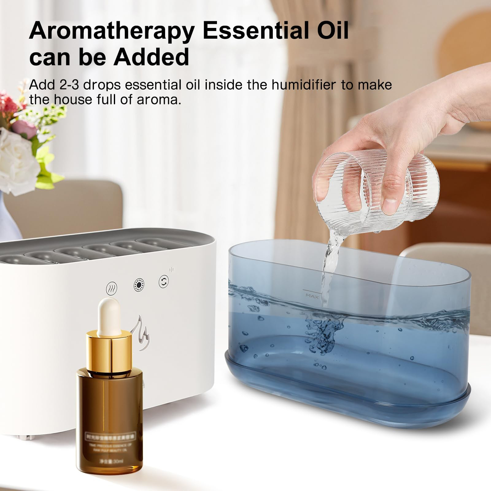 Aromatherapie-Einstellung. Ölflasche, Luftbefeuchter und Wasser wird gegossen.