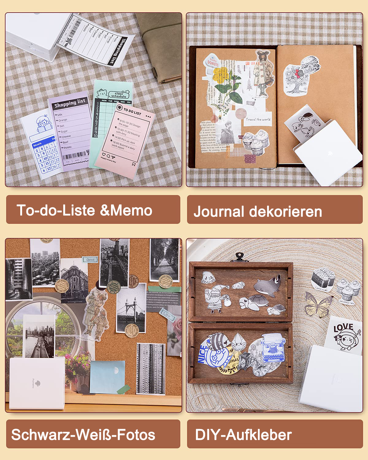 Vier Bilder von verschiedenen Bastelprojekten, darunter To-Do-Listen, Journale und Fotos.