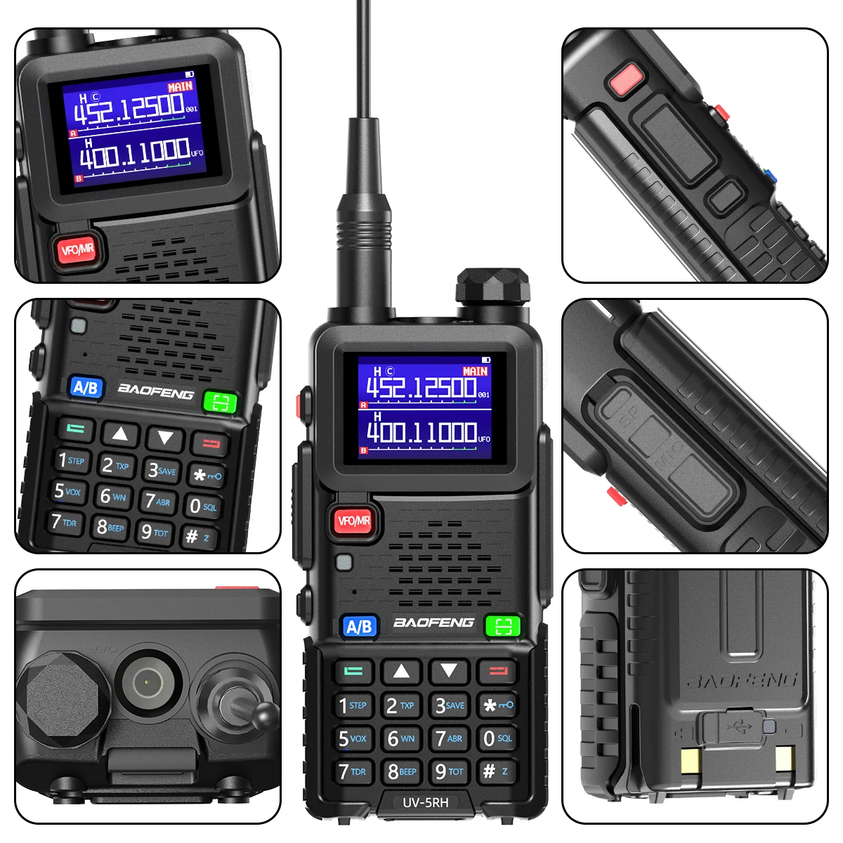 Un walkie-talkie negro con una pantalla que muestra números, botones y varios detalles.
