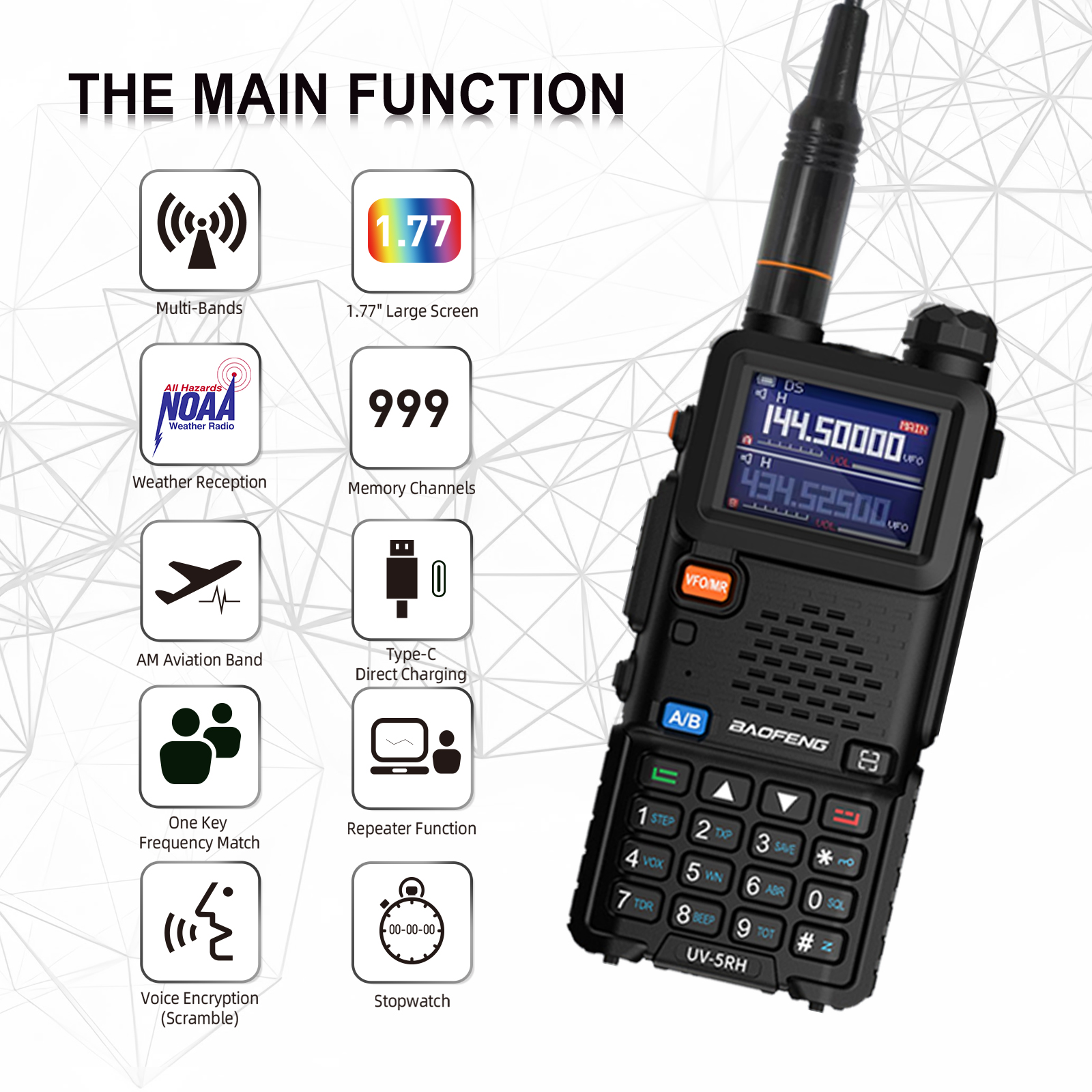 Una radio negra y plateada con varios iconos y texto.