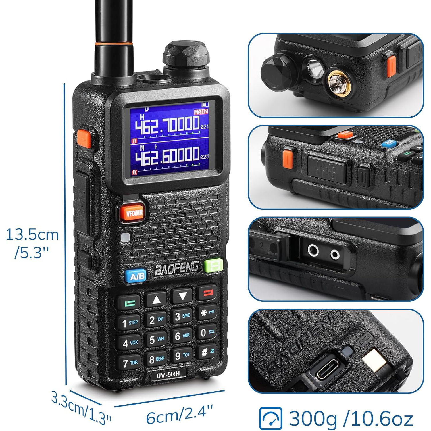 Una radio negra y gris con pantalla, botones y dimensiones etiquetadas.