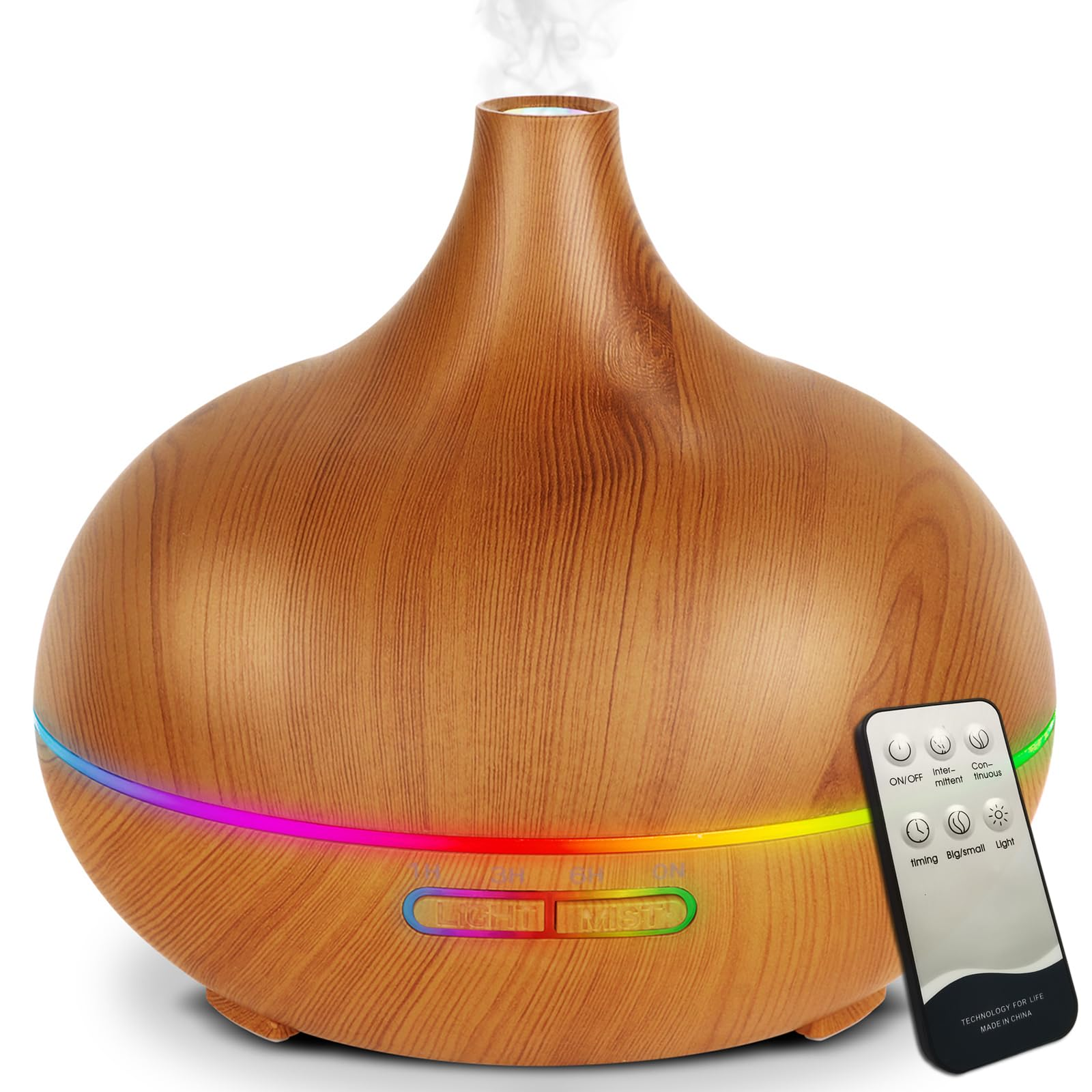 Brauner Diffusor für ätherische Öle mit Fernbedienung und Regenbogenlichtring.