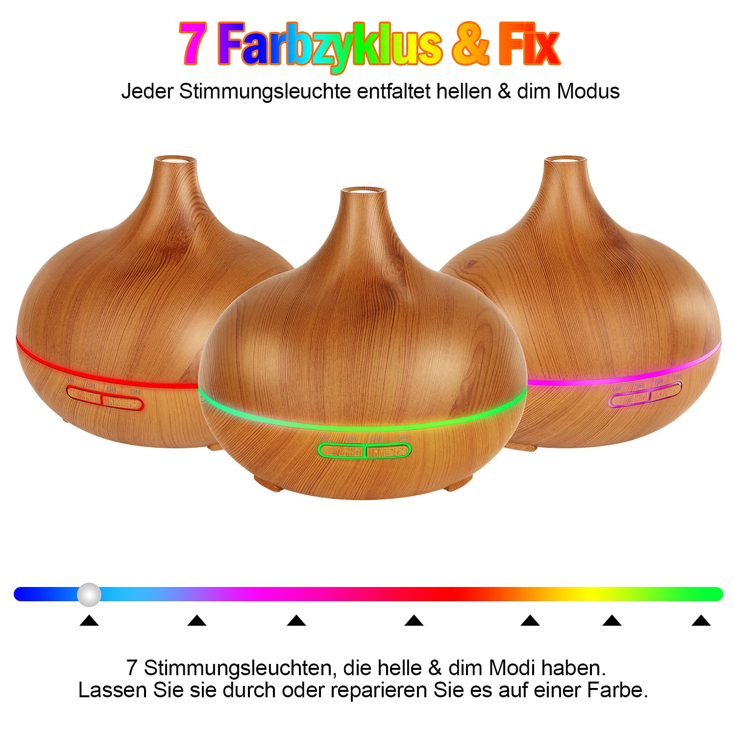 Drei Diffusoren mit Holzmaserung und farbigen Grundlichtern. Am Boden ein Bedienfeld mit Farbspektrum.