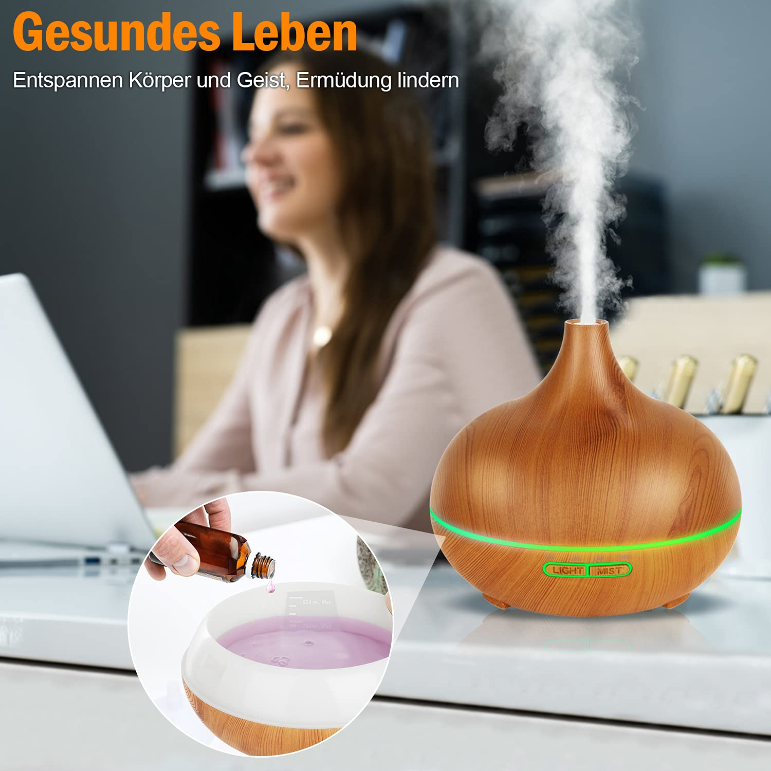 Frau gibt Tropfen in einen Diffusor, Dampf tritt aus. Verschwommener Hintergrund.