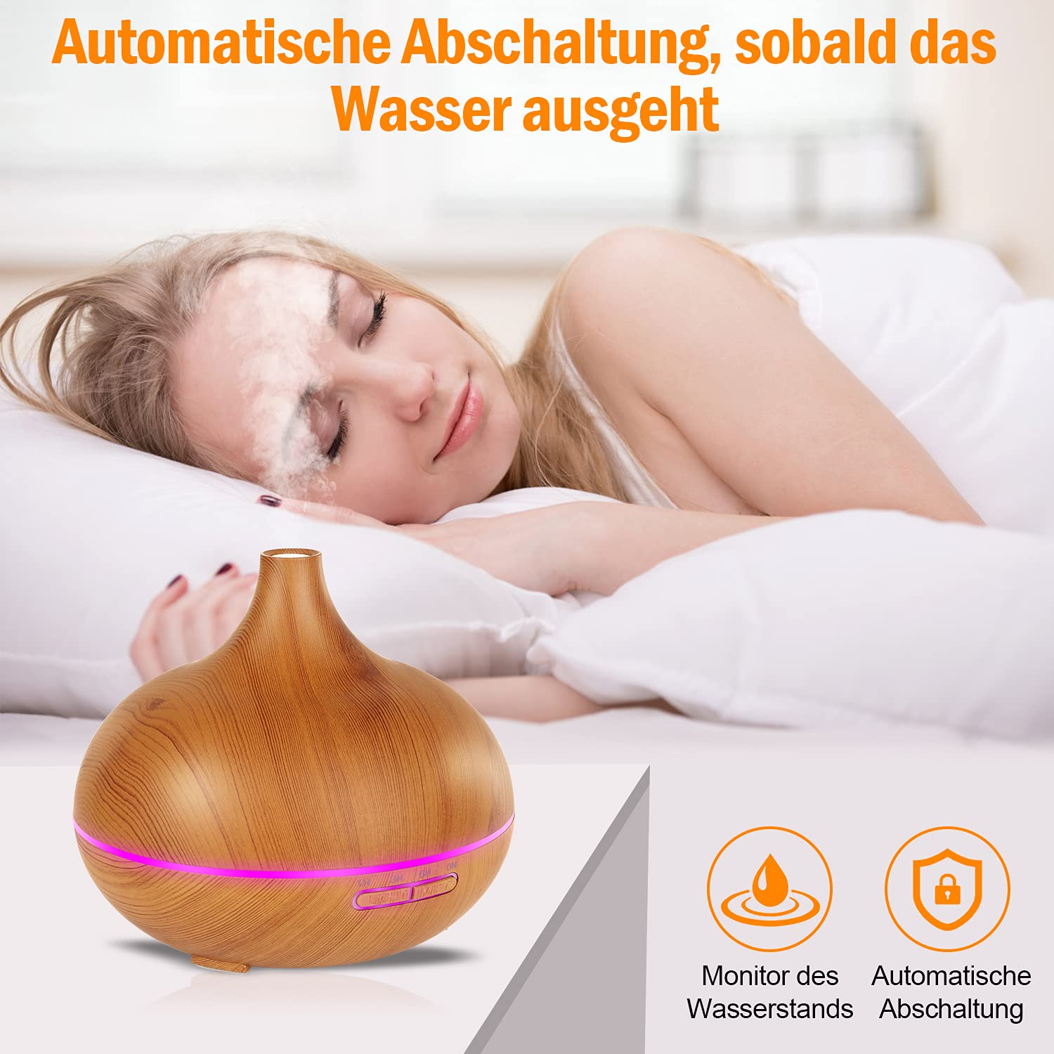 Schlafende Frau mit einem Aromadiffusor. Text über die automatische Abschaltung.