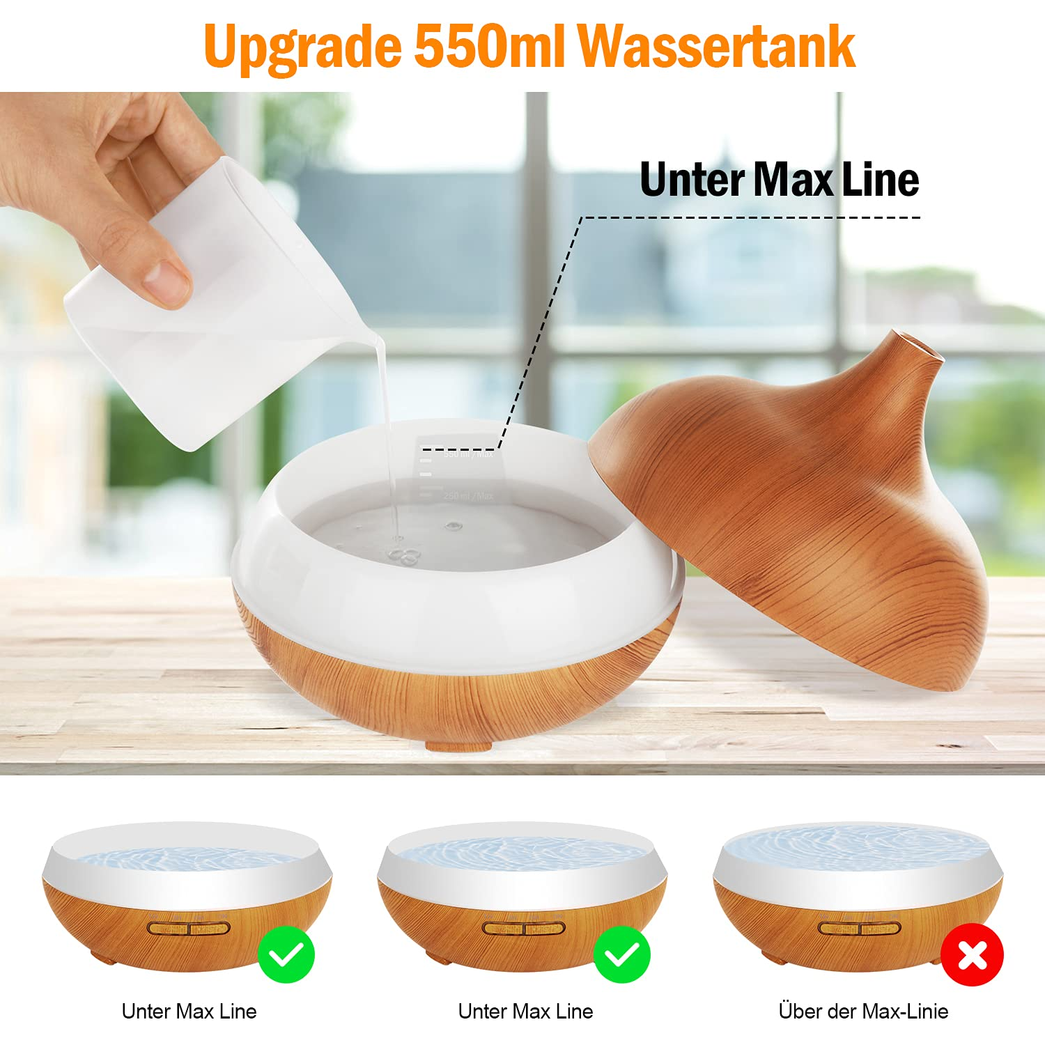 Eine Person gießt Wasser in einen Diffusor. Der Diffusor ist weiß mit Holzbasis. Drei Beispiele sind gezeigt.