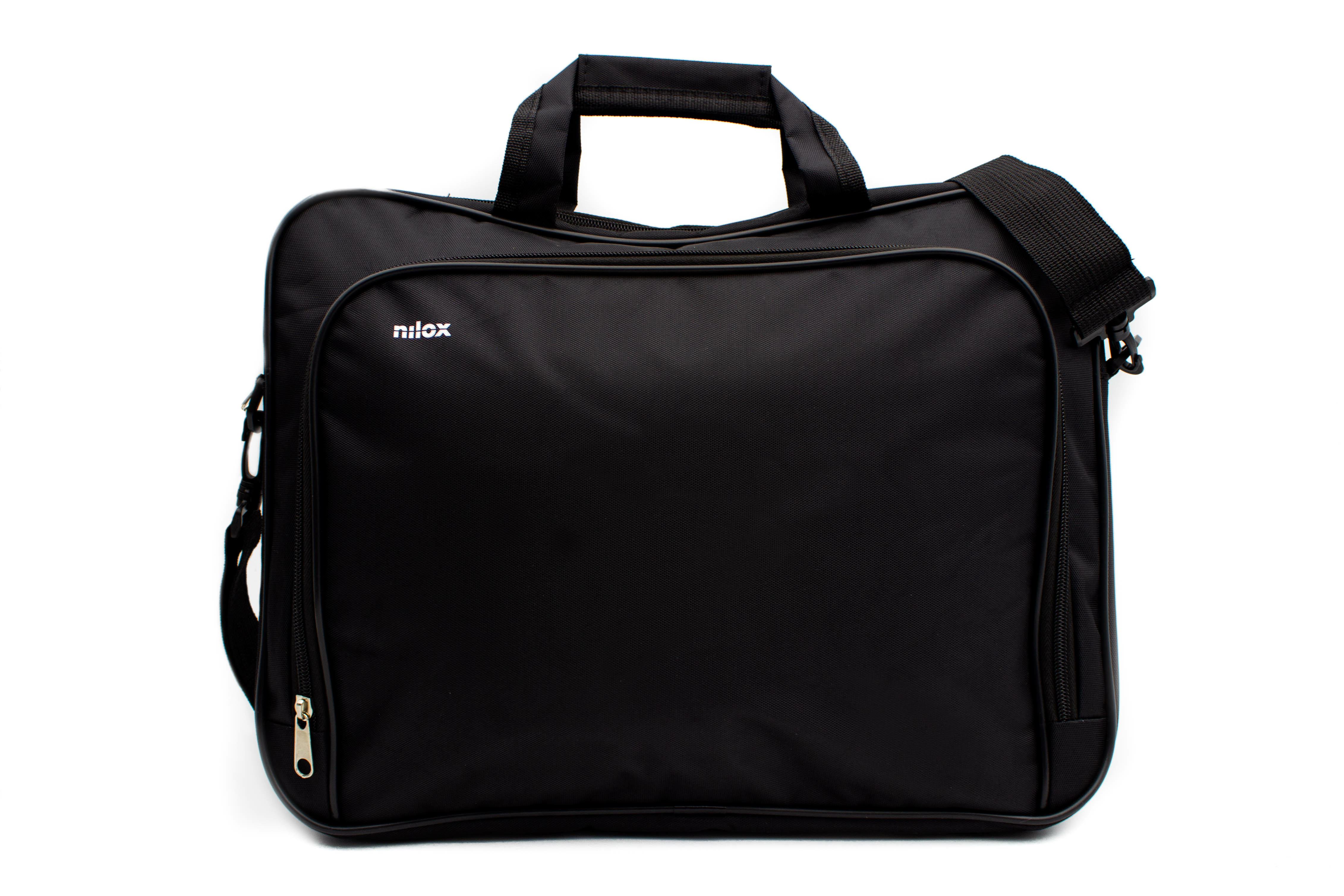 Bolsa para portátil negra con asa, correa para el hombro y cremallera. Texto 'nilox' blanco en la parte delantera.