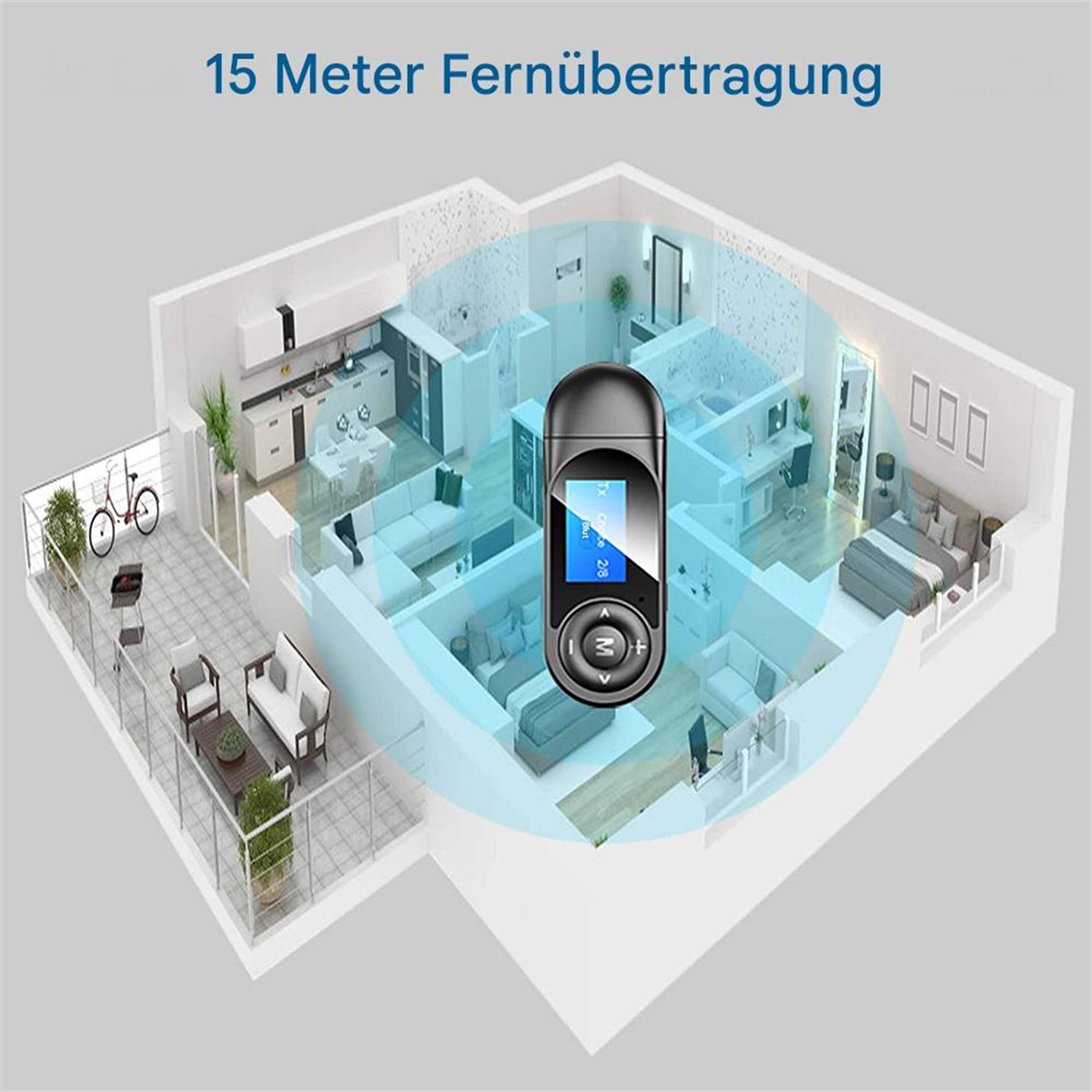 Ein Hausplan mit einem Gerät im Zentrum, das die 15-Meter-Reichweite anzeigt.