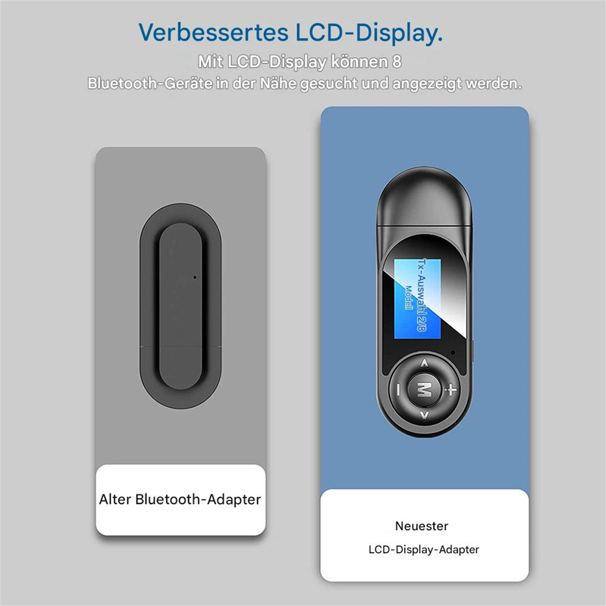 Zwei Bluetooth-Adapter. Einer ist grau und alt, der andere schwarz und neu mit Bildschirm.