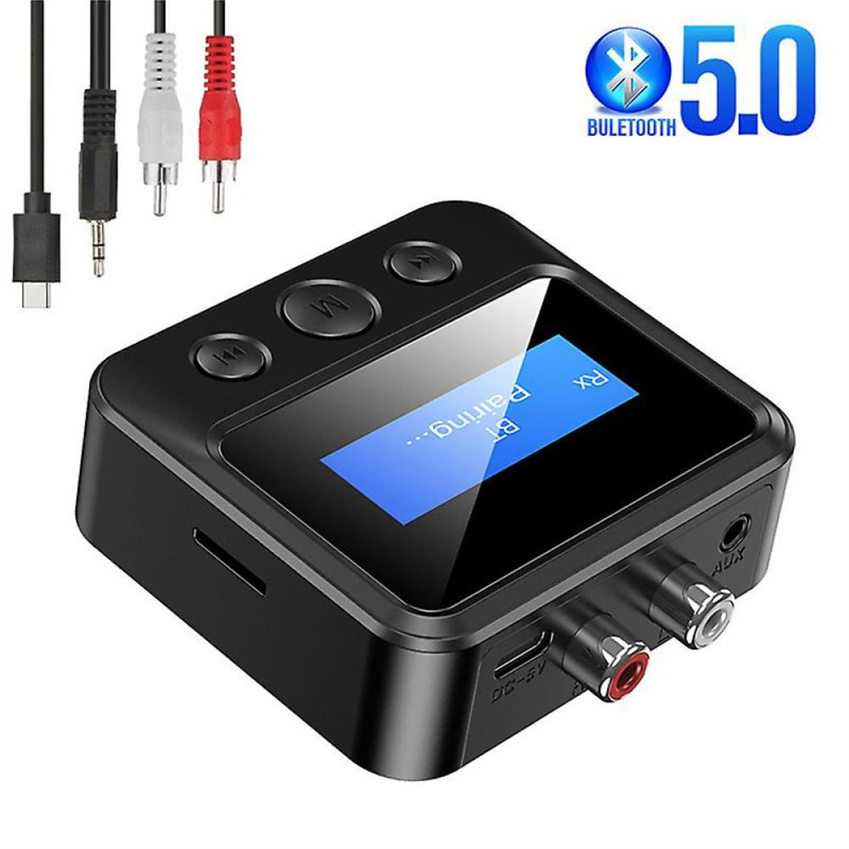 Schwarzer Bluetooth-Empfänger mit Bildschirm, der das Pairing anzeigt, begleitet von Kabeln und Symbolen.