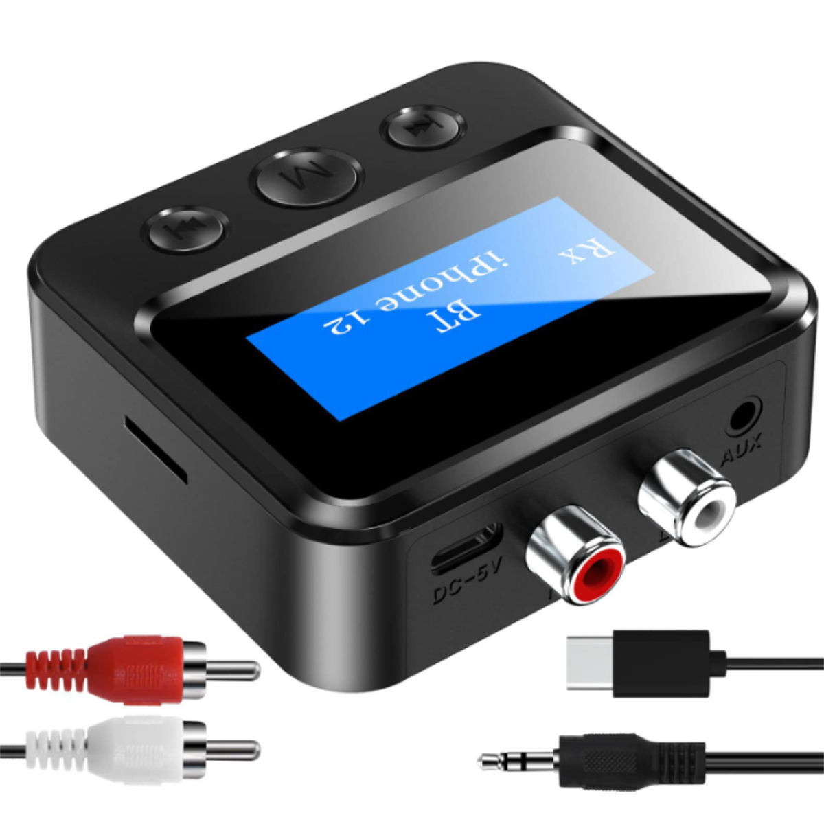 Schwarzes Gerät mit Bildschirm, der 'BT iPhone 12' anzeigt. Hat Tasten, Anschlüsse und Kabel für Audioverbindungen.
