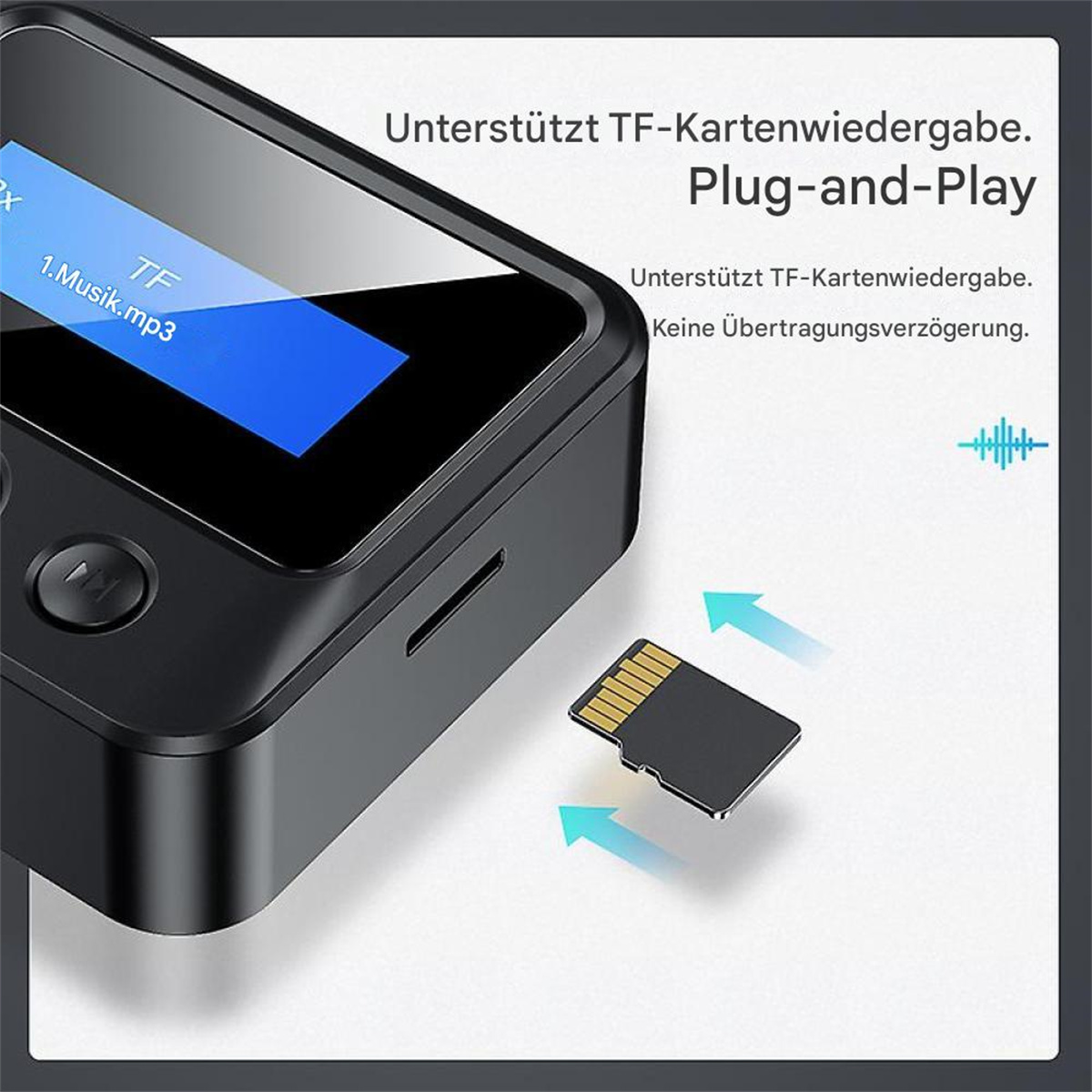Ein schwarzes Gerät mit Bildschirm, eine TF-Karte eingesetzt, Text über TF-Kartenwiedergabe.