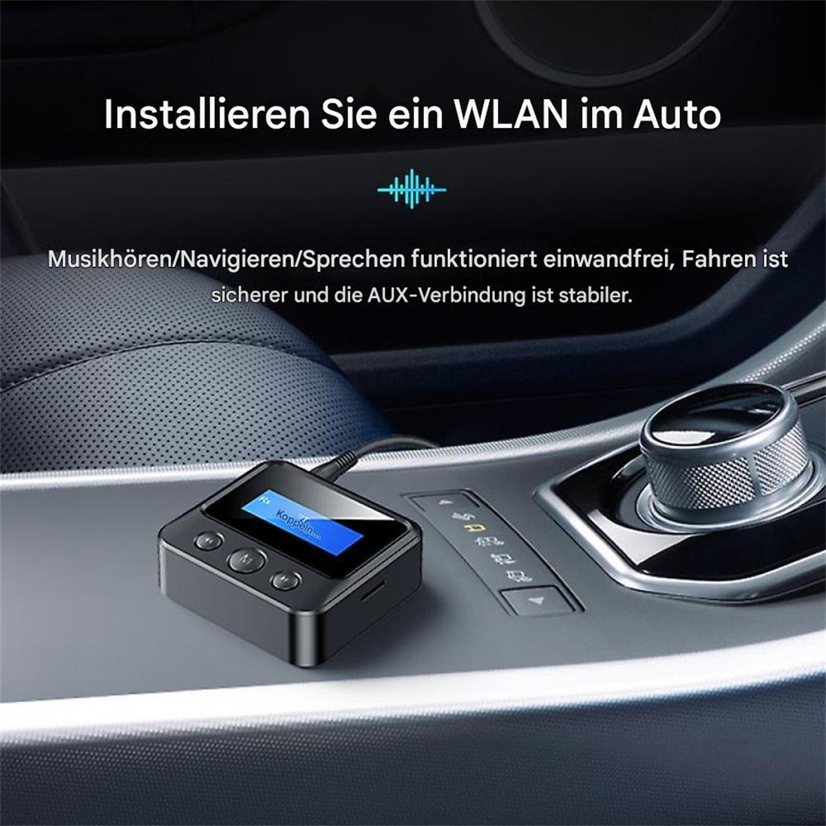 Schwarzes Gerät in einer Autokonsole. Bildschirm zeigt Informationen. Auto Innenraum.