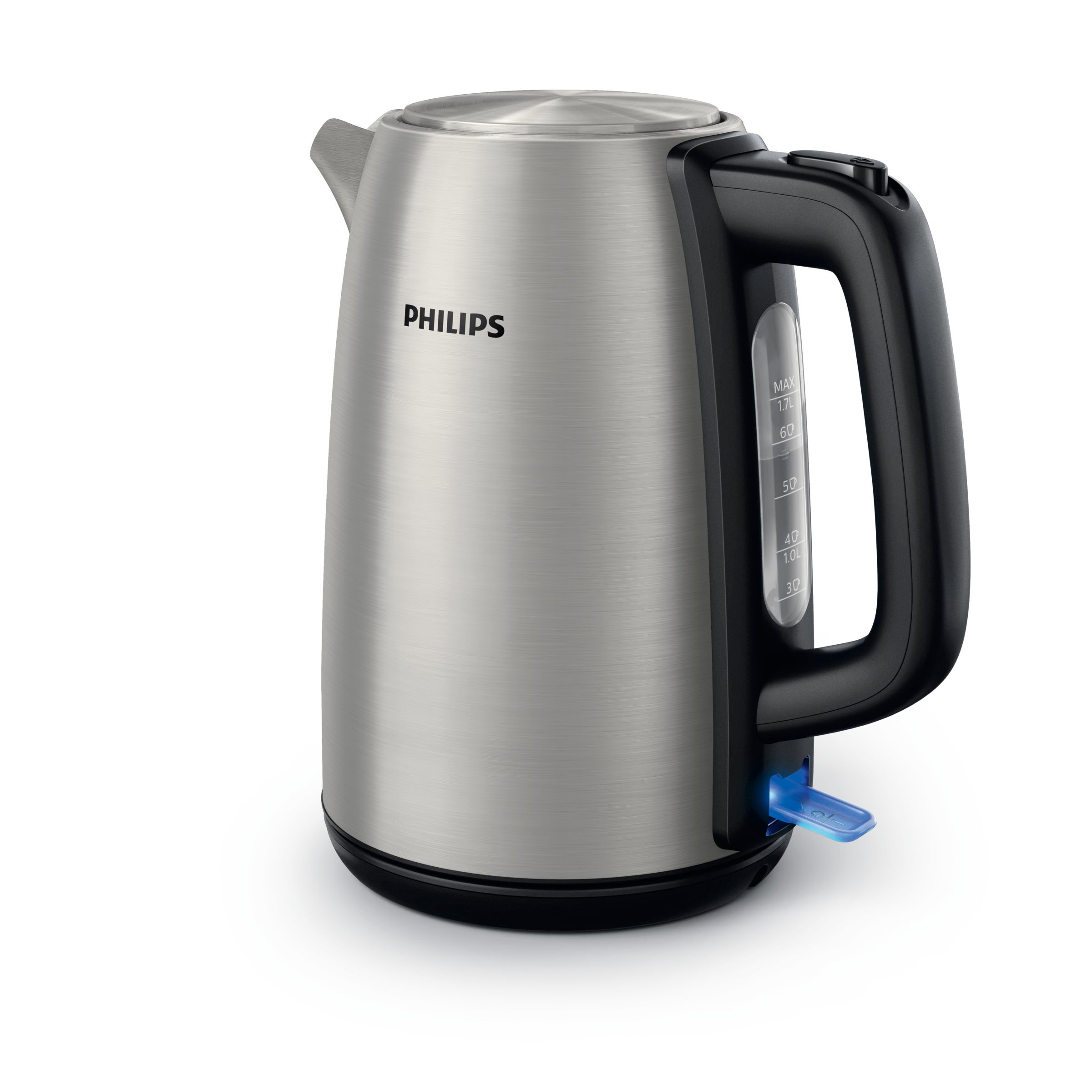 Stainless steel Philips electric kettle with black accents. Blue light on the base indicates power.