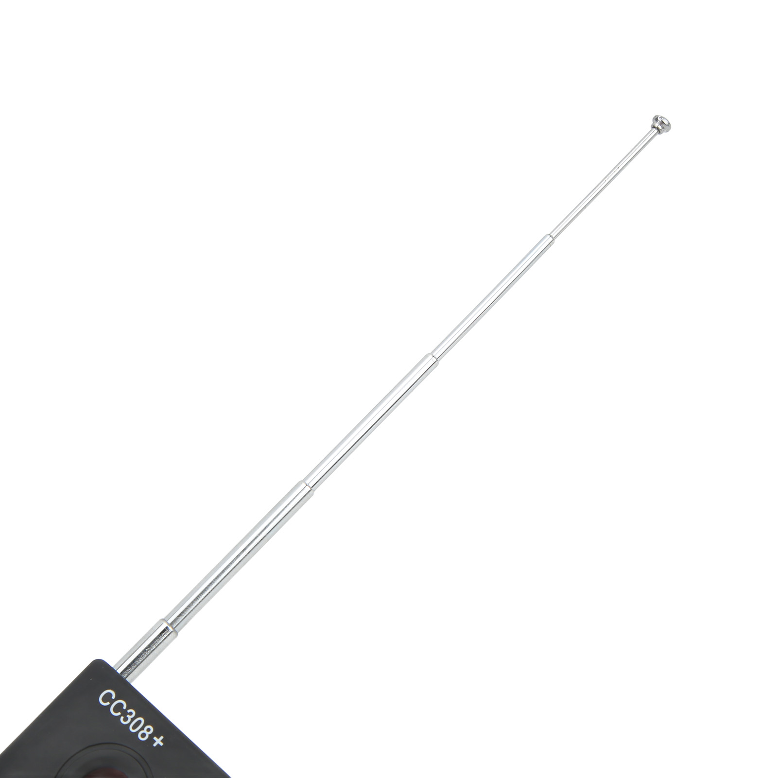 Eine silberne Teleskopantenne mit schwarzem Sockel, beschriftet mit 'CC308+'. Sie ist vor weißem Hintergrund.