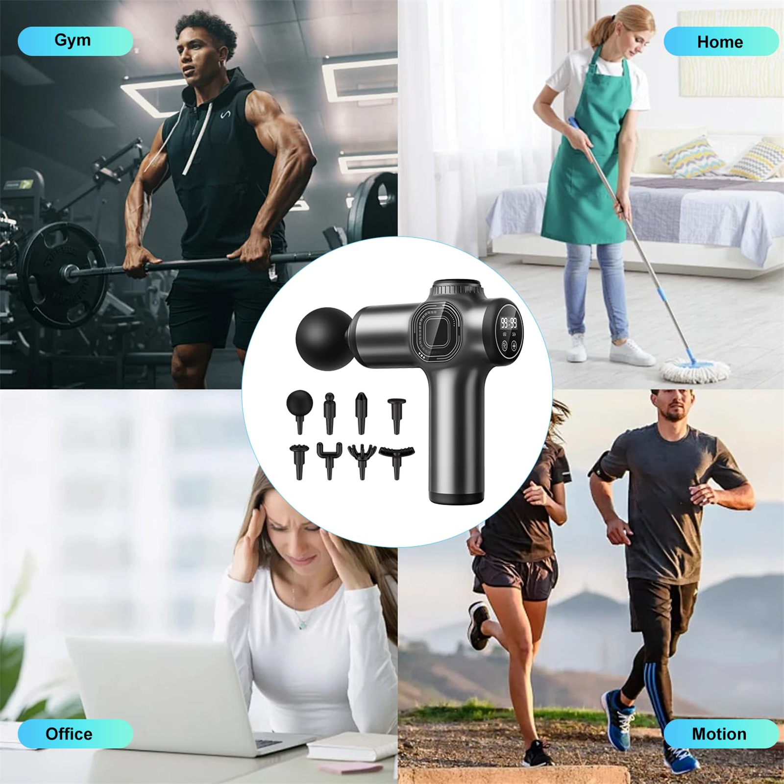 Bilder zeigen Szenen aus Fitnessstudio, Zuhause, Büro und Bewegung mit einer Massagepistole und Zubehör.