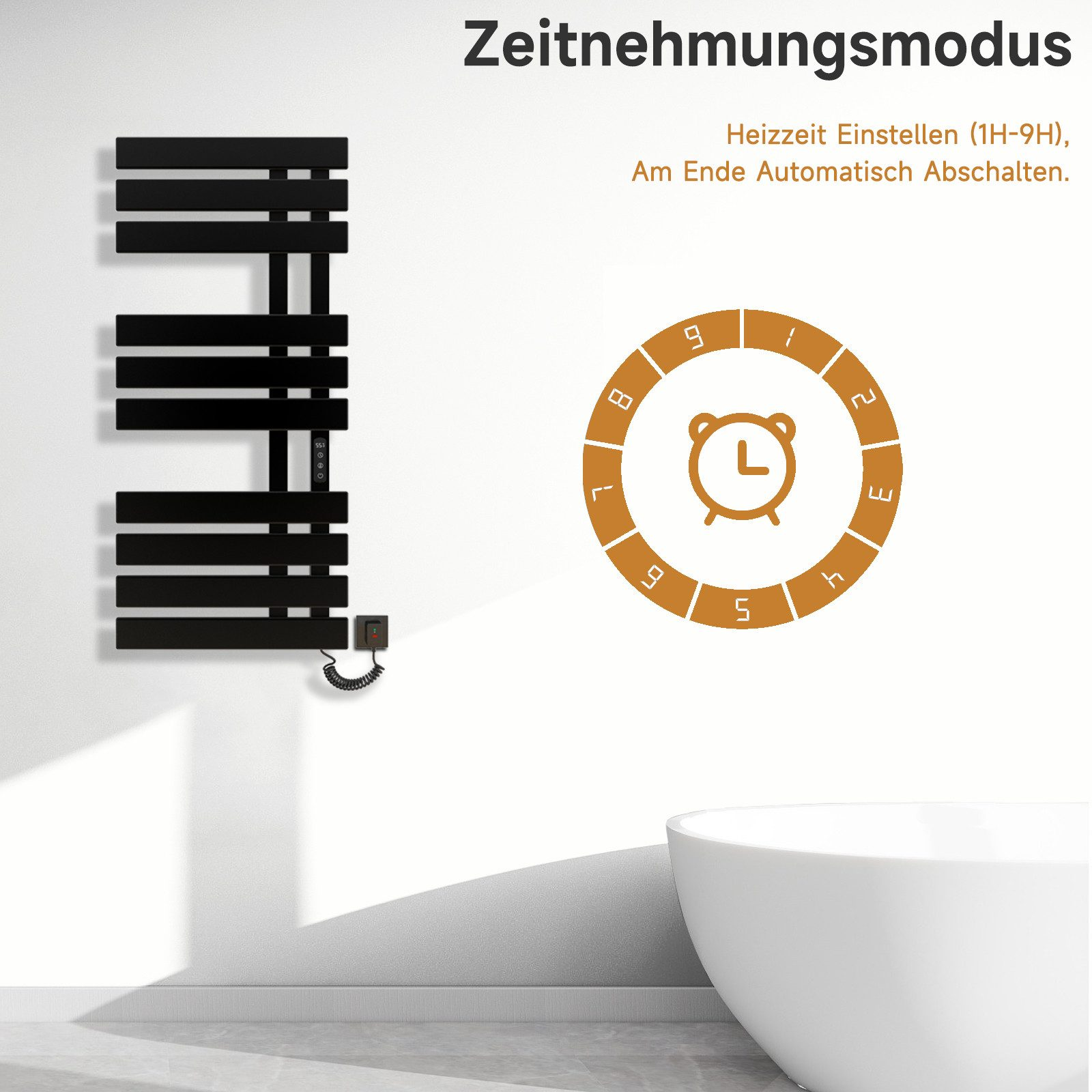 Eine moderne schwarze Heizung an einer Wand mit Digitaluhr, eine weiße Badewanne in der Ecke.