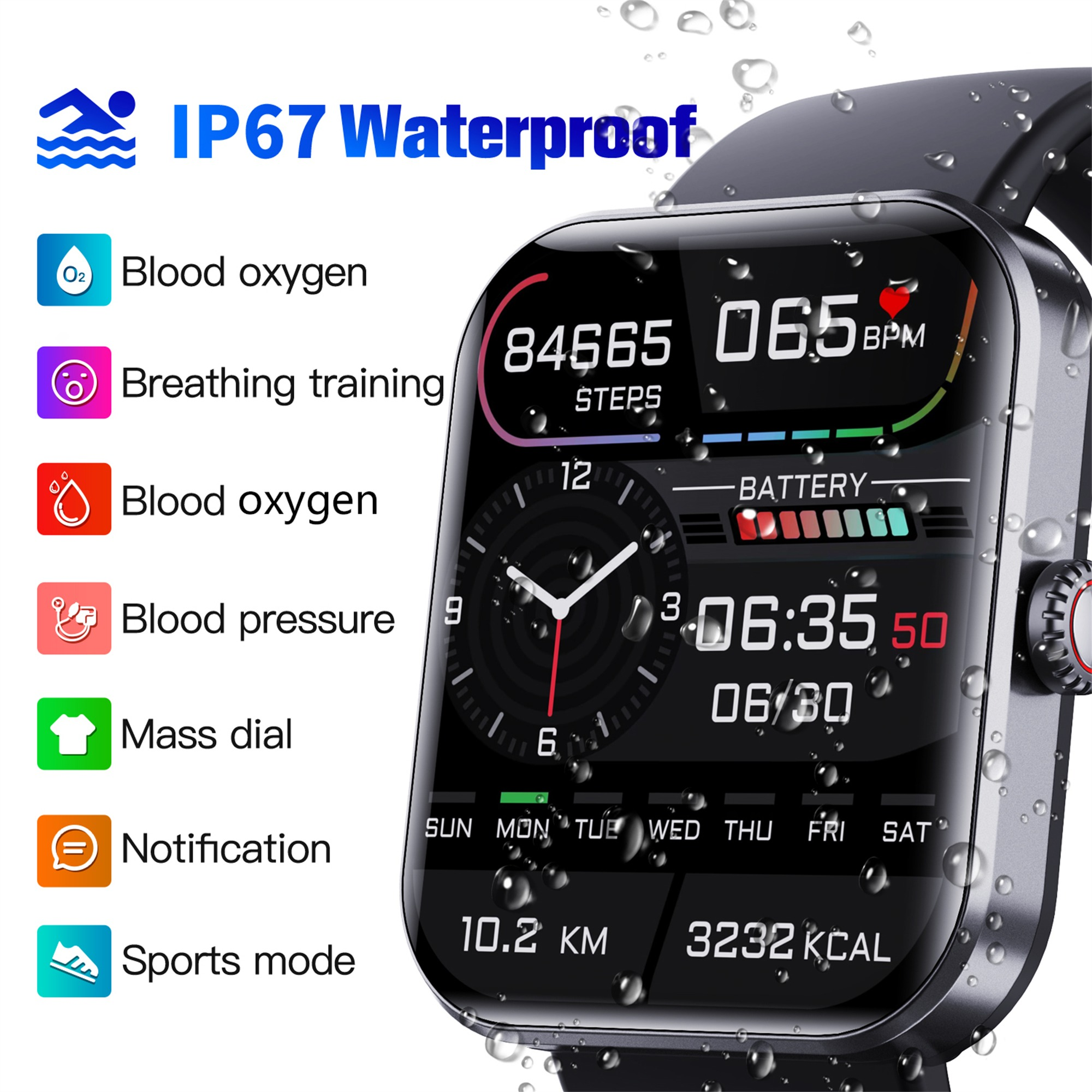 Eine schwarze Smartwatch mit Touchscreen, der Gesundheitsmetriken wie die Herzfrequenz anzeigt.