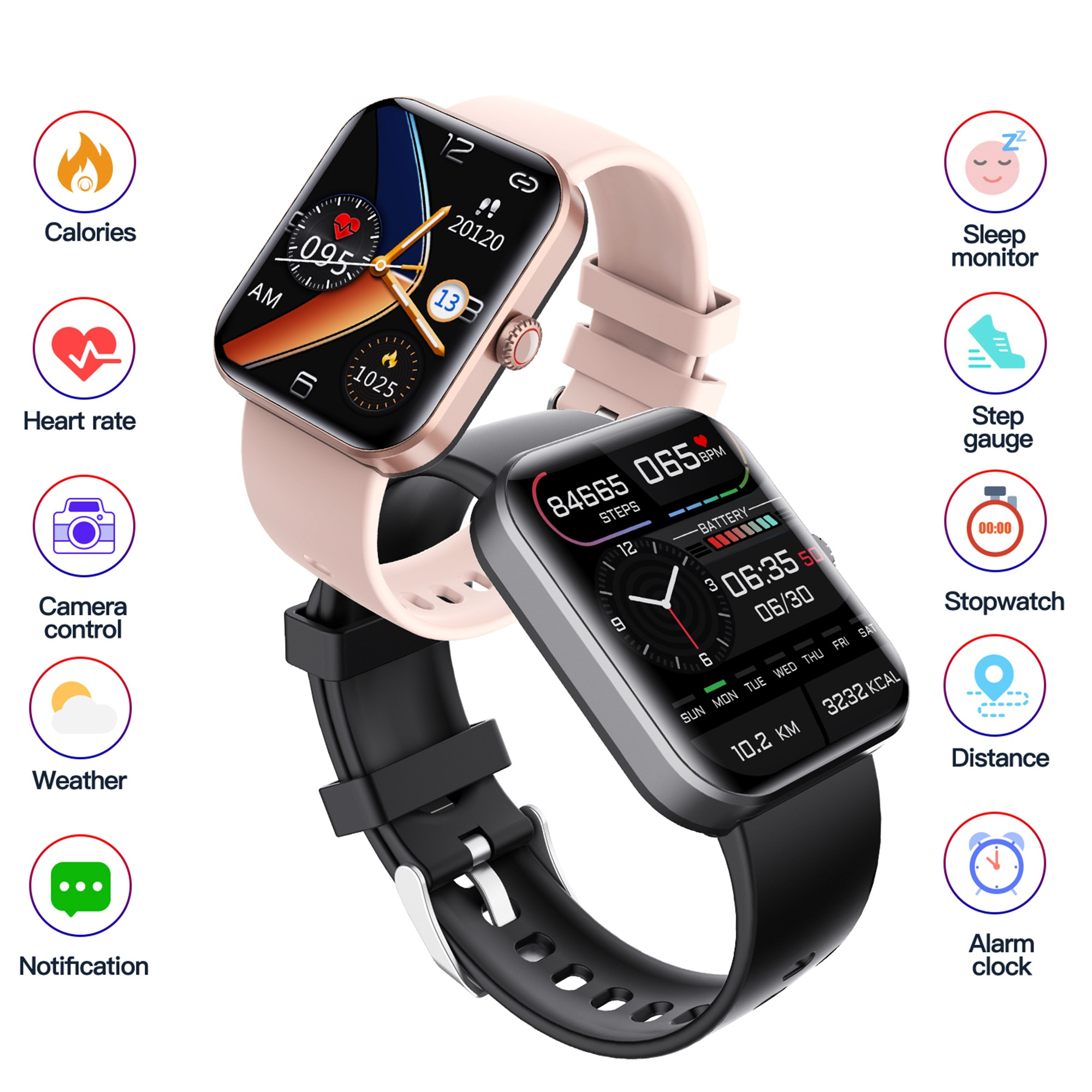 Zwei Smartwatches mit Gesundheits-Tracking-Funktionen, dargestellt mit Symbolen: Kalorien, Herzfrequenz usw.