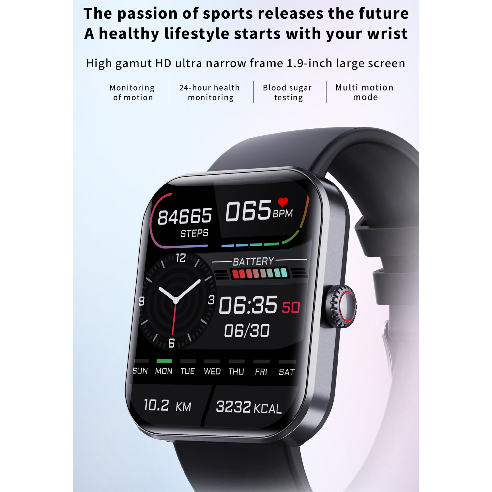 Smartwatch mit schwarzem Armband, das Schritte, Zeit und Gesundheitsmetriken anzeigt.