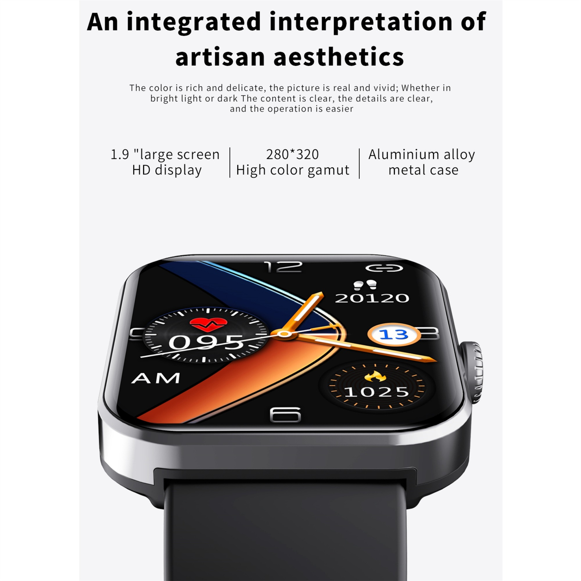 Eine schwarze Smartwatch mit einem Touchscreen, der die Zeit und Statistiken anzeigt.
