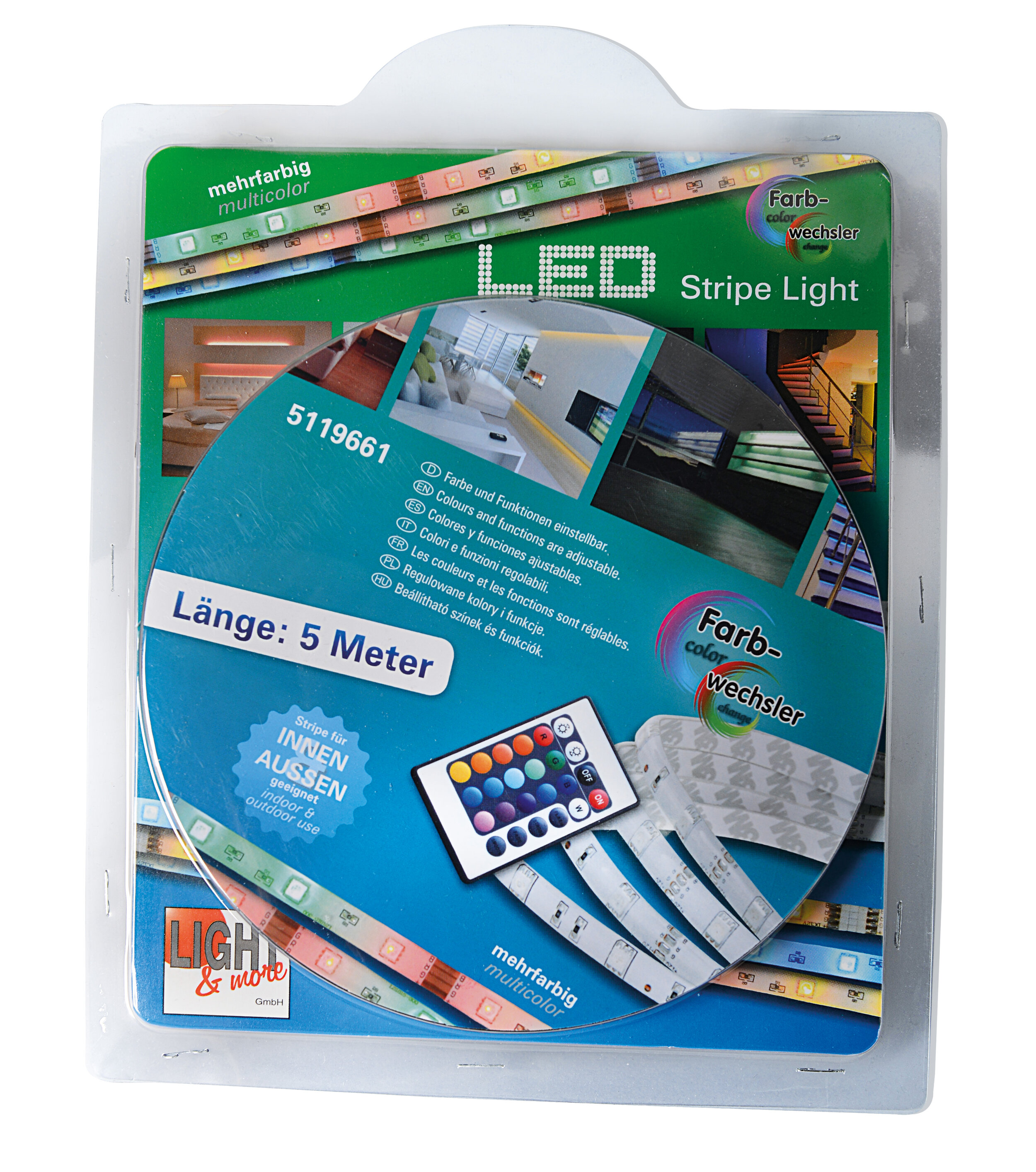 Eine Packung mit LED-Lichtstreifen und einer Fernbedienung, mit Text auf Deutsch.