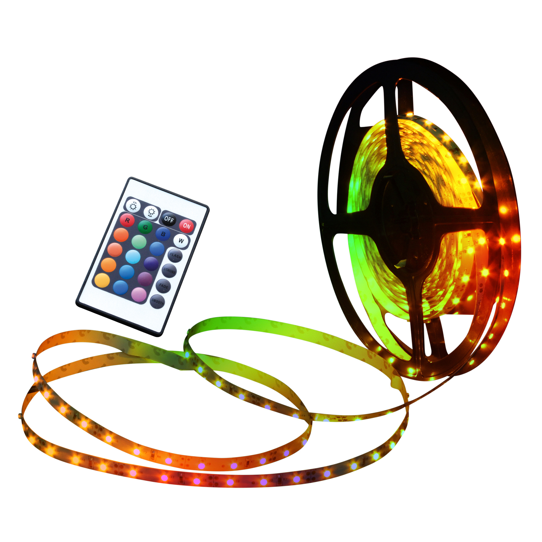 LED-Streifen auf einer Rolle, mit einer Fernbedienung. Die Lichter haben Farben.
