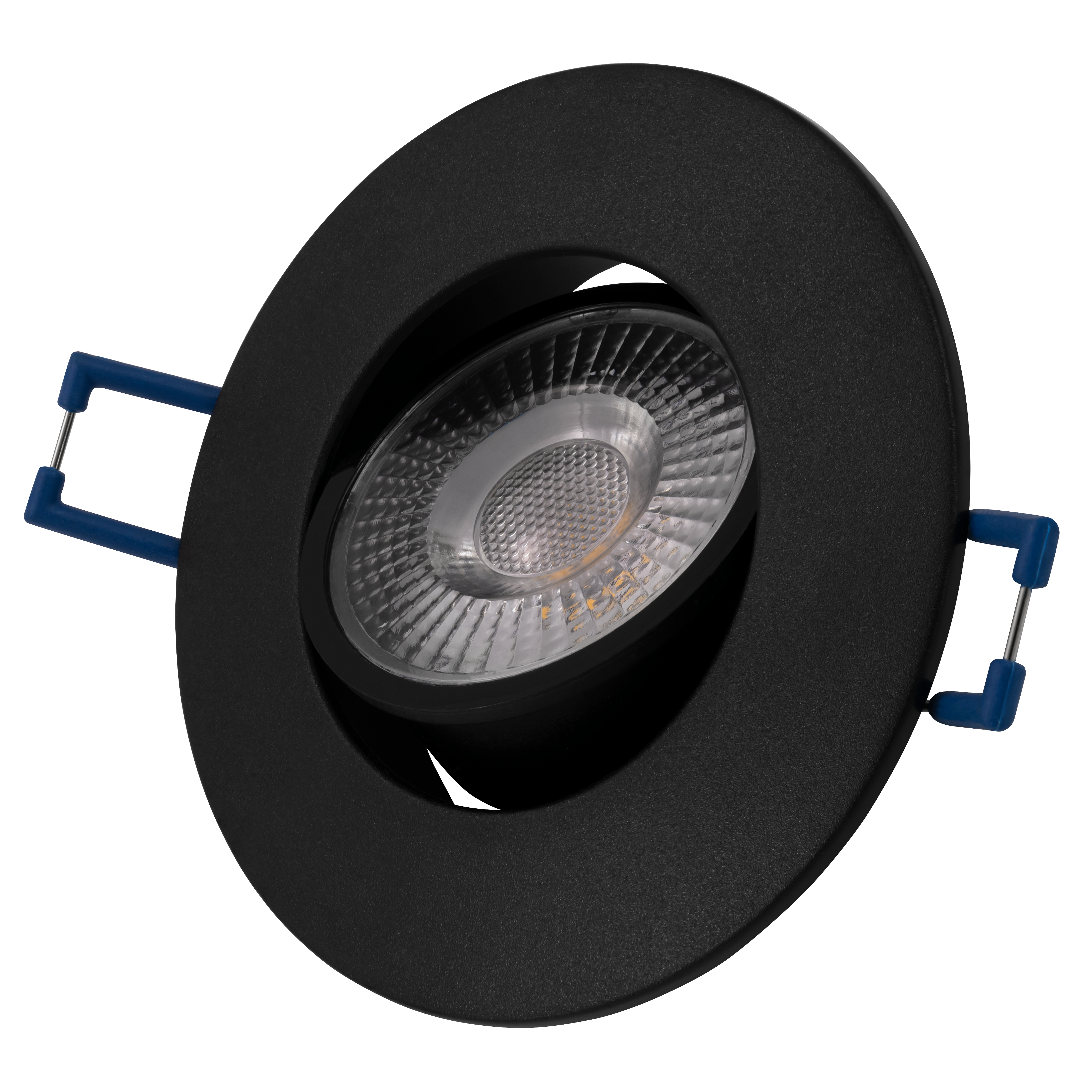 Schwarzer Einbau-LED-Spot mit blauen Halterungen. Das Licht ist an.