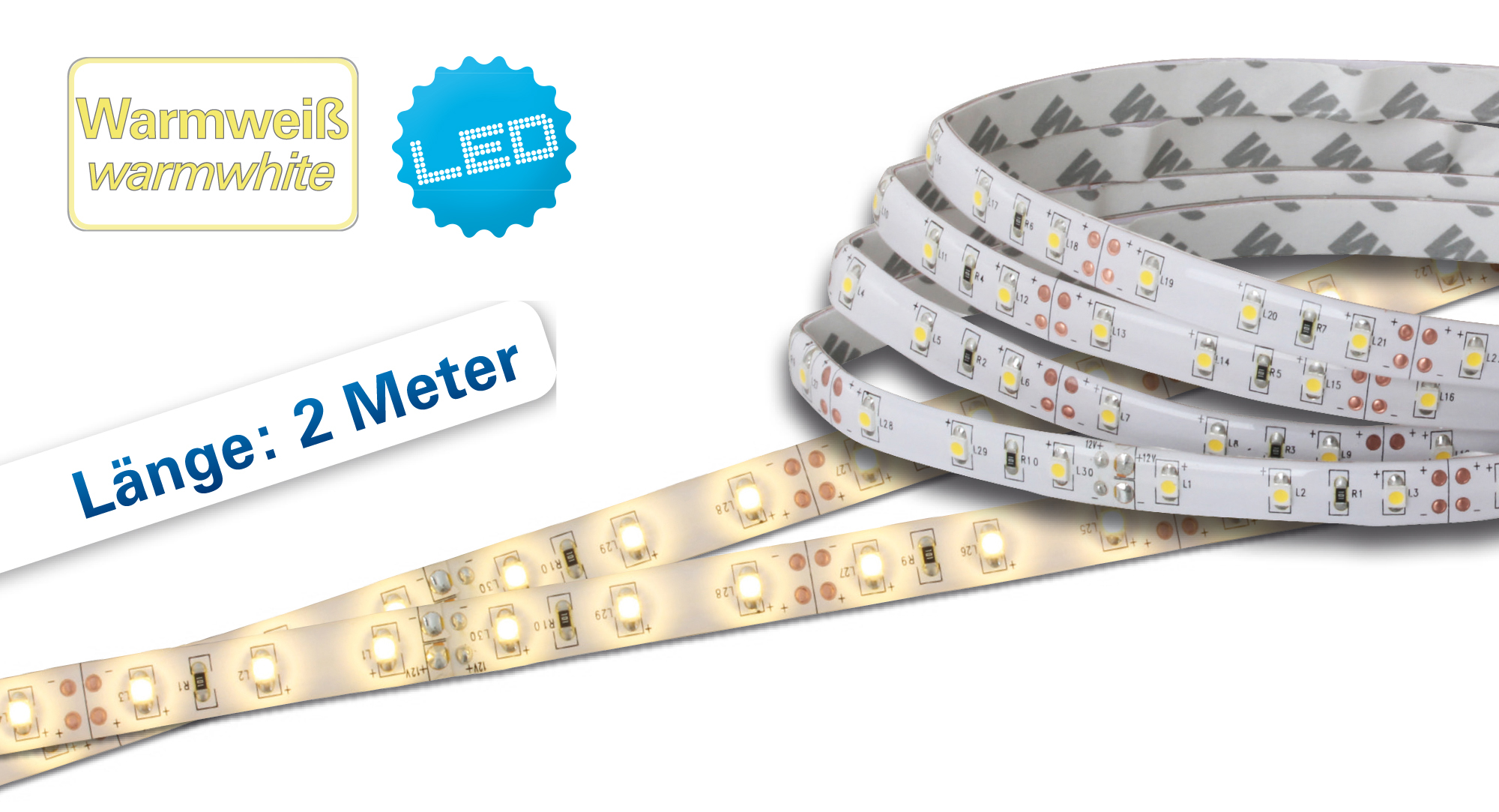 LED-Streifenlichter mit einem Aufkleber mit dem Wort 'LED' und einem Aufkleber mit '2 Meter'.