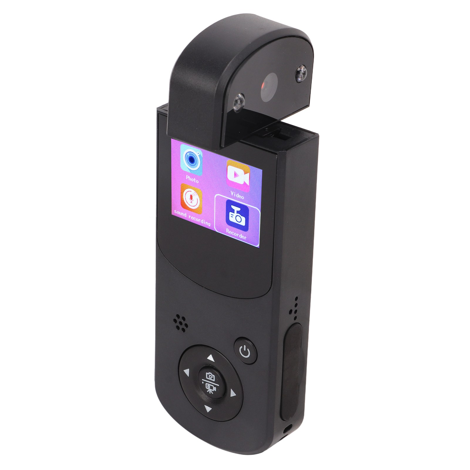 Schwarzer Handheld-Videorekorder mit Touchscreen, Knöpfen und einem hochklappbaren Objektiv. Zeigt Foto-, Video- und Recorder-Symbole.